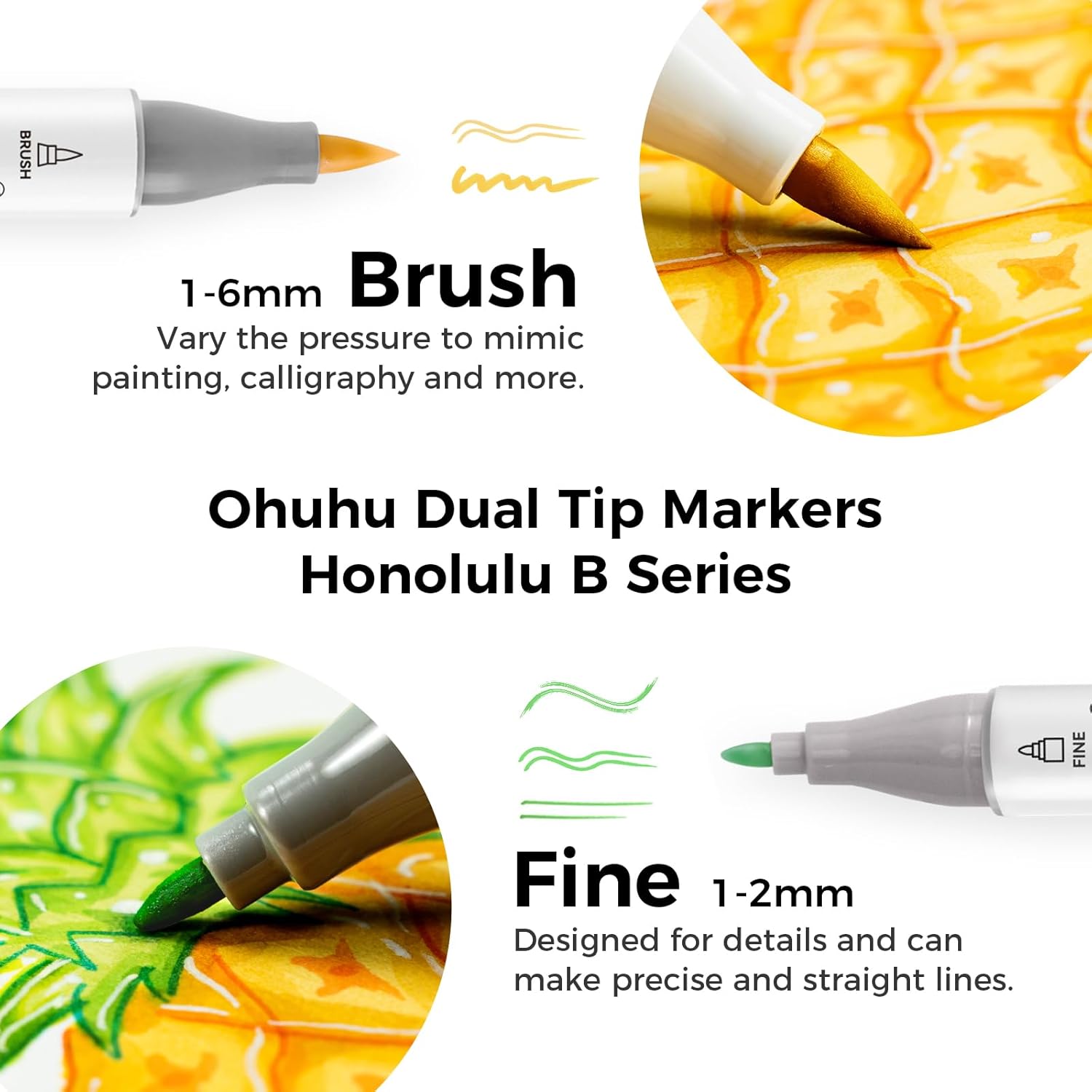 Ohuhu 48 Colours Alcohol Brush Markers, Double Tipped (Brush & Fine Tip) Sketch...