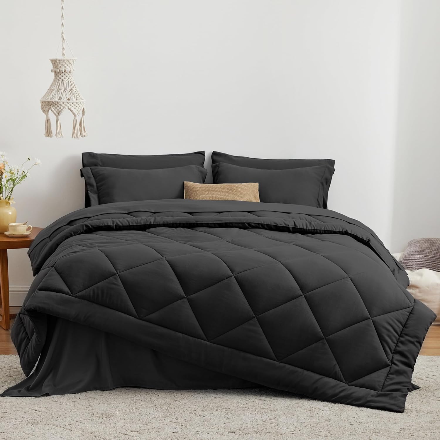 Love's cabin Queen Comforter Set Black, 7 Pieces Queen Bed in a Bag, All Season...