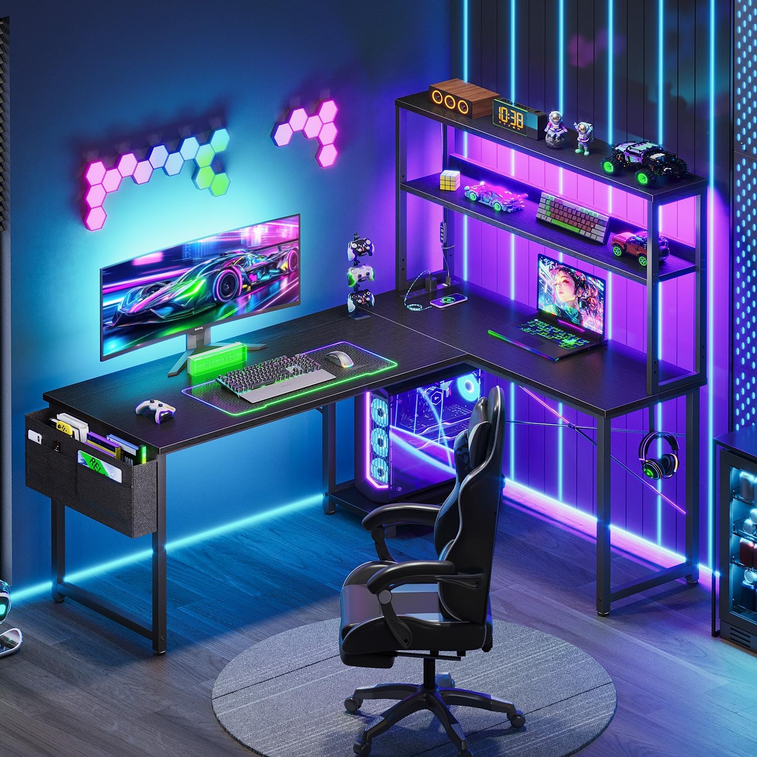 AODK L Shaped Desk Gaming Desk with LED Light & Power Outlet, 53 Inch Reversible...