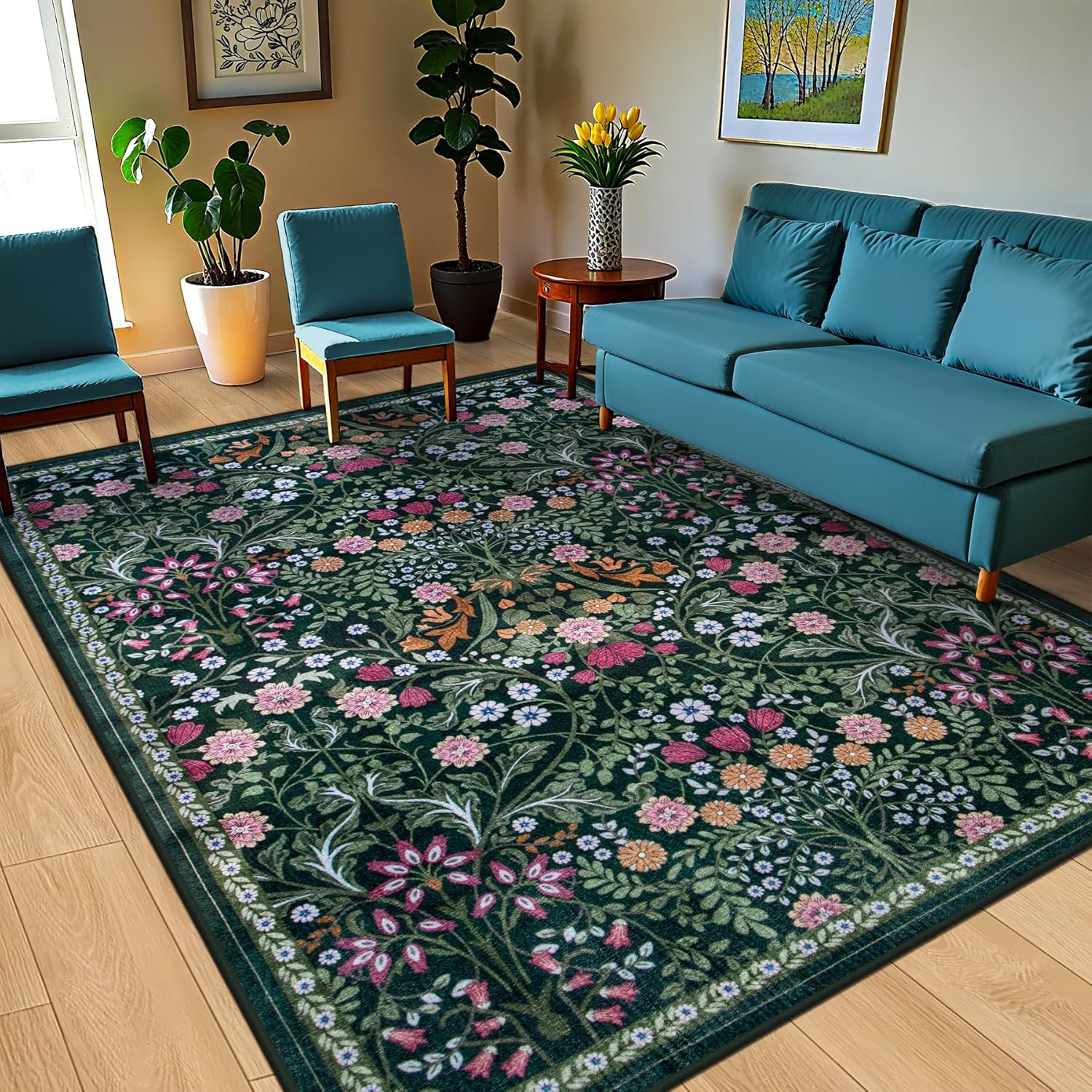 8x10 Area Rugs for Living Room: Floral Washable Rug Vintage Large Soft Boho Non-...