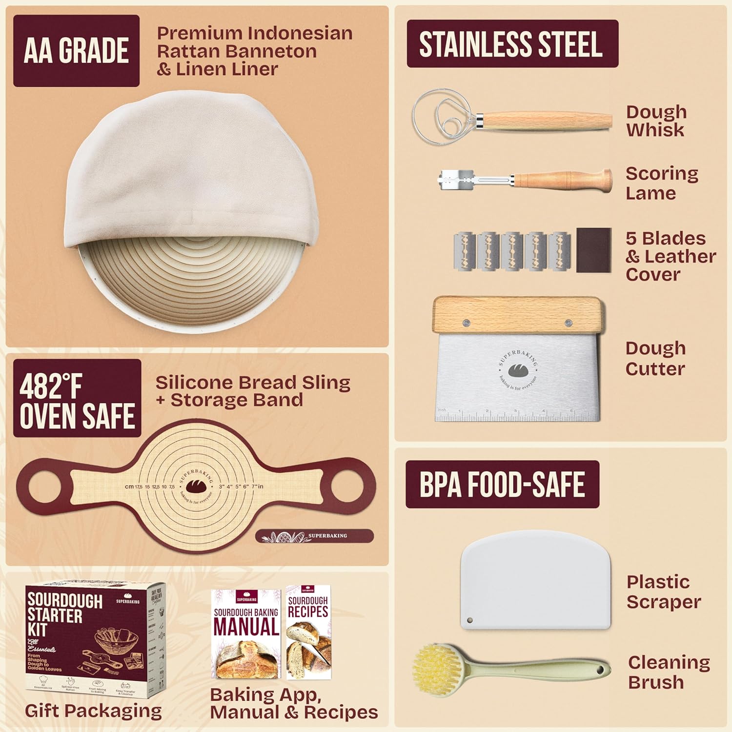 Premium Superbaking Banneton Bread Proofing Basket Set, Special Bread Proofing B...