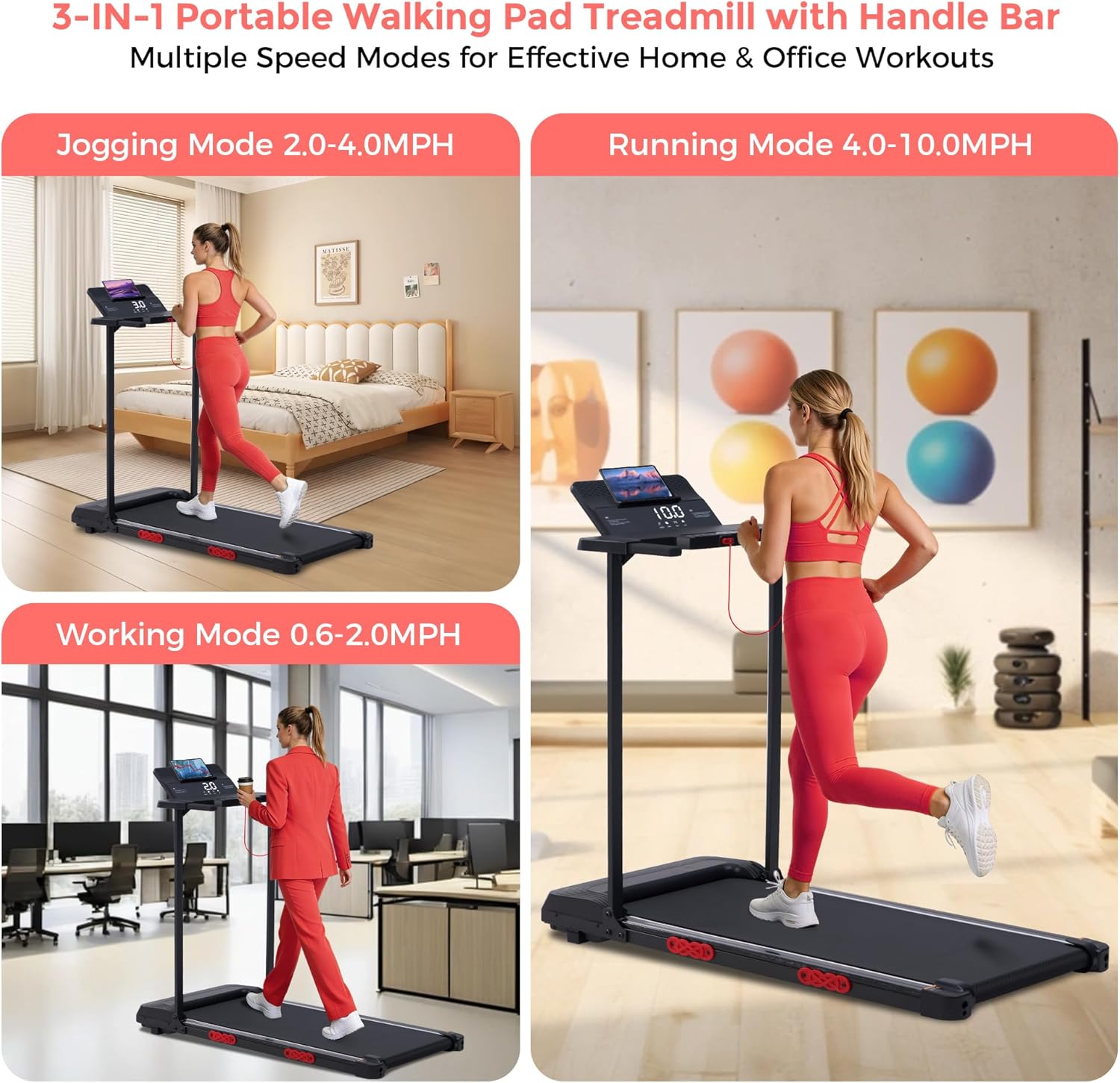 Innovative Walking Pad with Handle Bar, Special 3.0HP Electric Portable Small Tr...