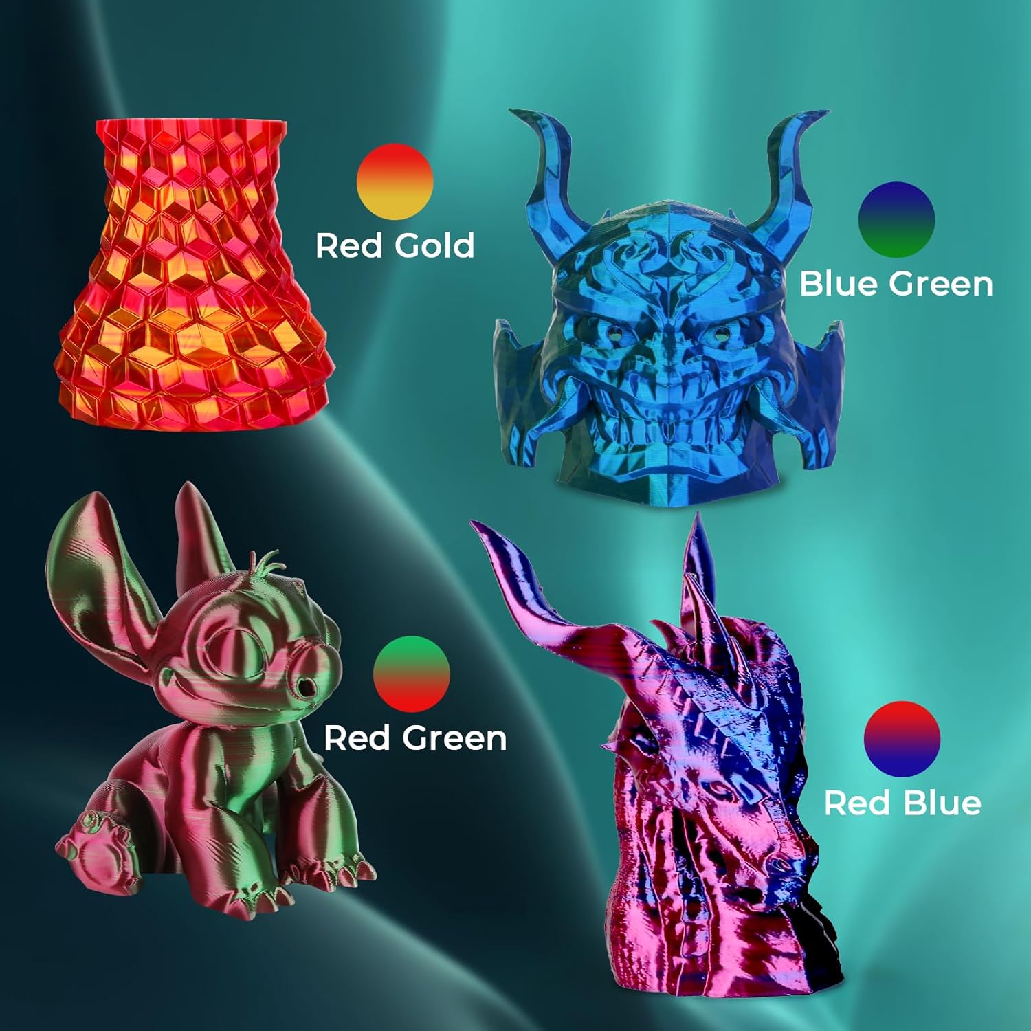 AMOLEN Silk PLA 3D Printer Filament Bundle, Shiny Dual Color Filament 1.75mm Pac...