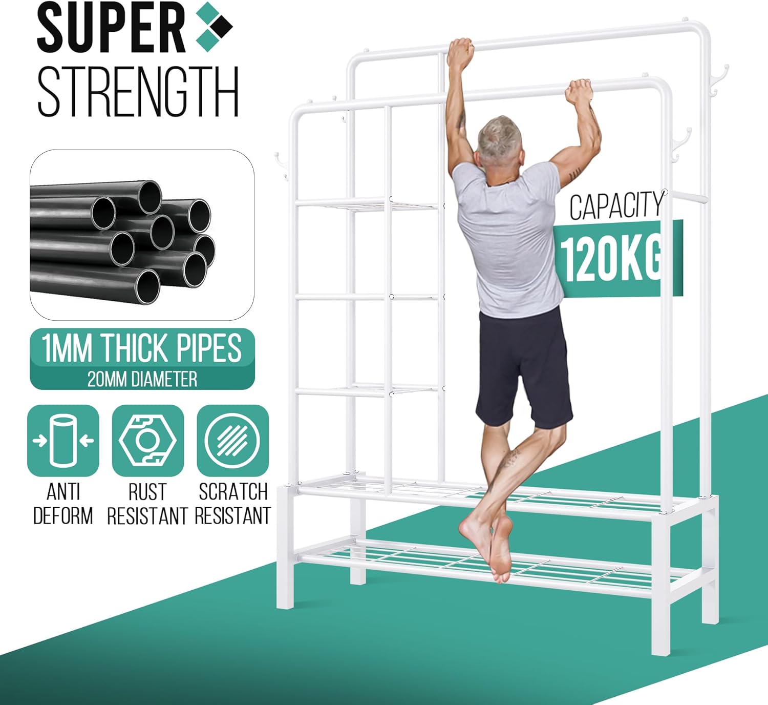 Heavy Duty Clothes Rail, 120KG White Metal Rack With Double Hanging Clothing Rai...