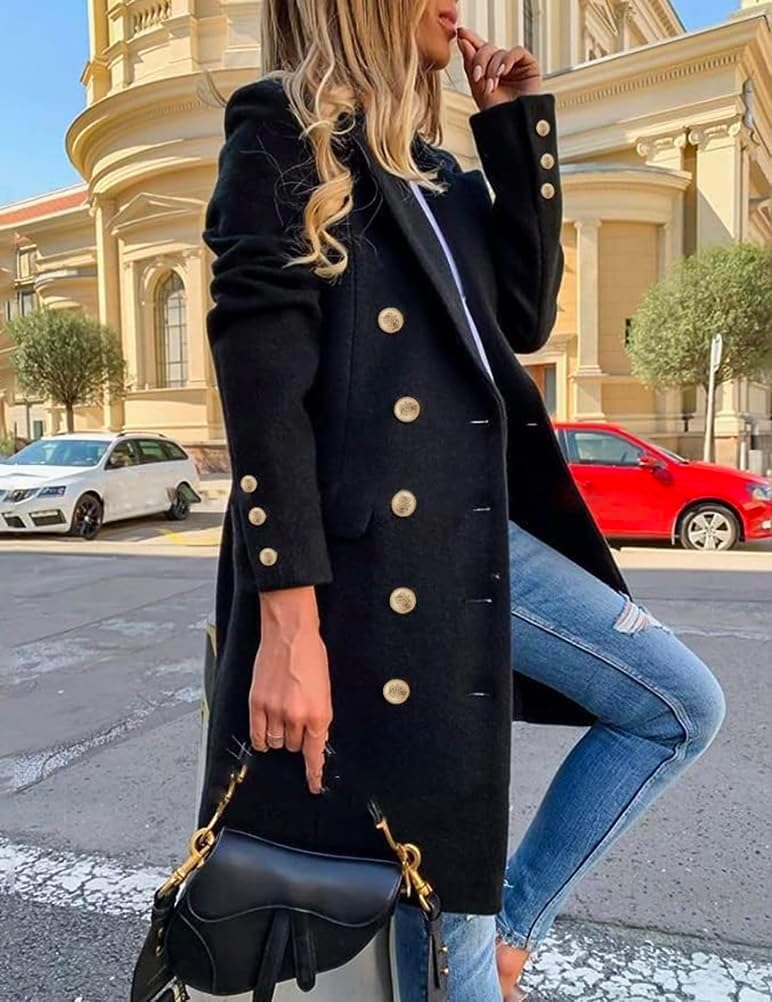 IDEALSANXUN Womens Fall Winter Wool Coats Double Breasted Midi Peacoat Trench Co...