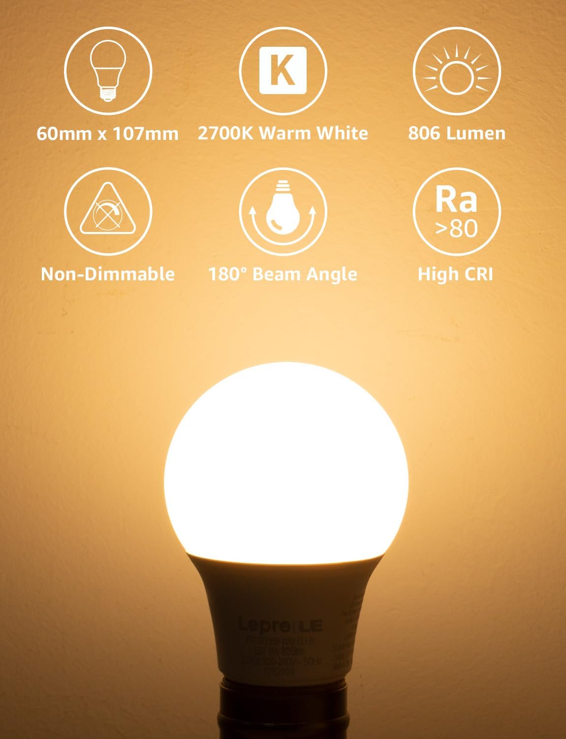 Lepro E27 Screw Bulbs 60W Equivalent, Warm White 2700K E27 LED Bulb, 8.5W 806lm...