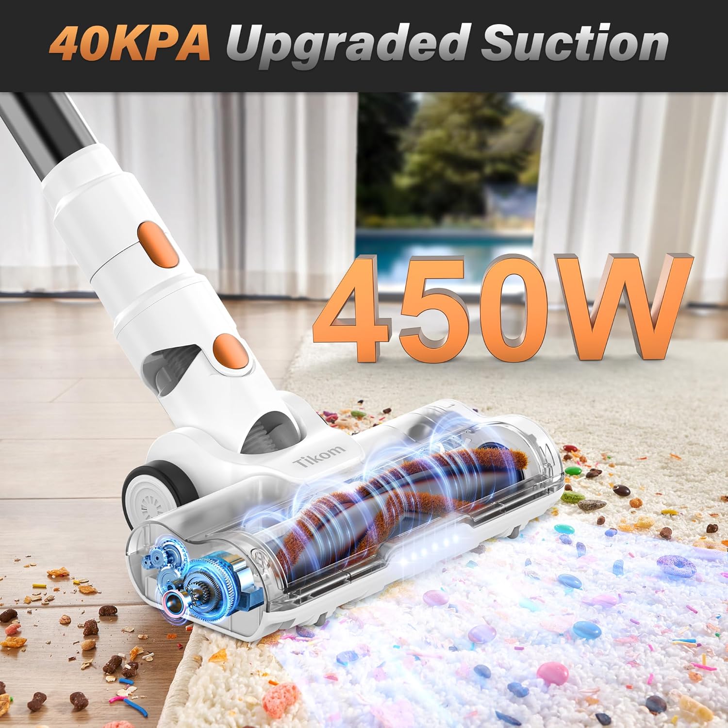Tikom V500 Cordless Vacuum Cleaner for Home, 40000Pa/450W Stick Vacuum with LED...