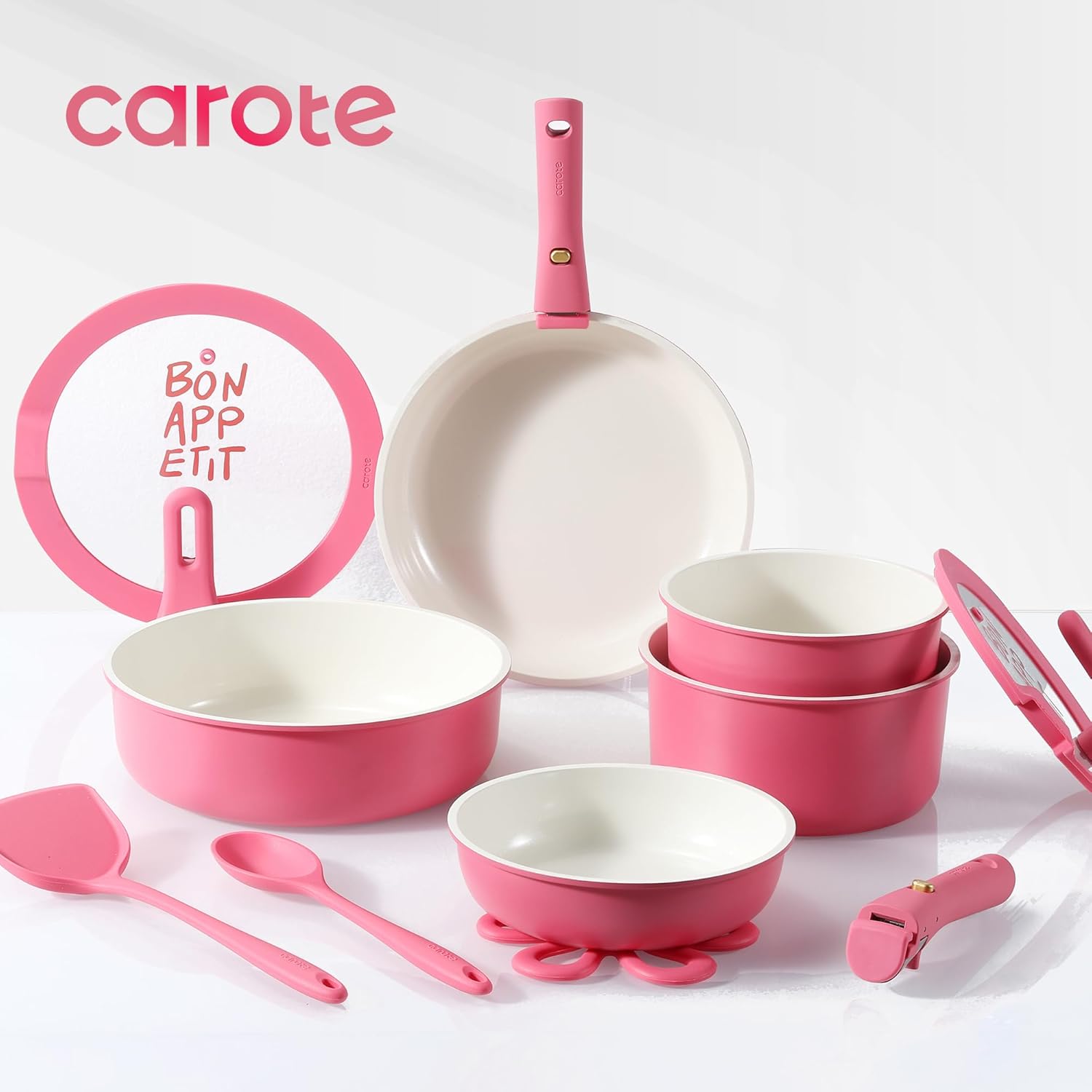 CAROTE 18Pcs Ceramic Cookware Set with Detachable Handle, Pots and Pans Set Non...