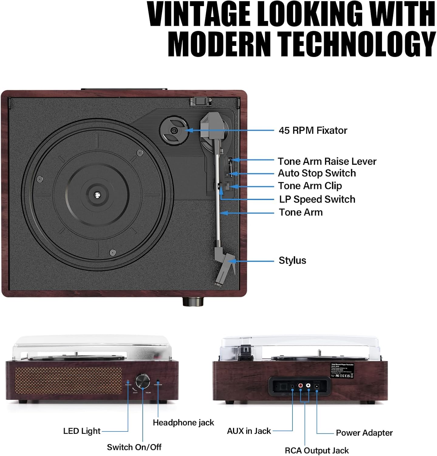 Vinyl Record Player Turntable with Built-in Bluetooth Receiver & 2 Stereo Speake...