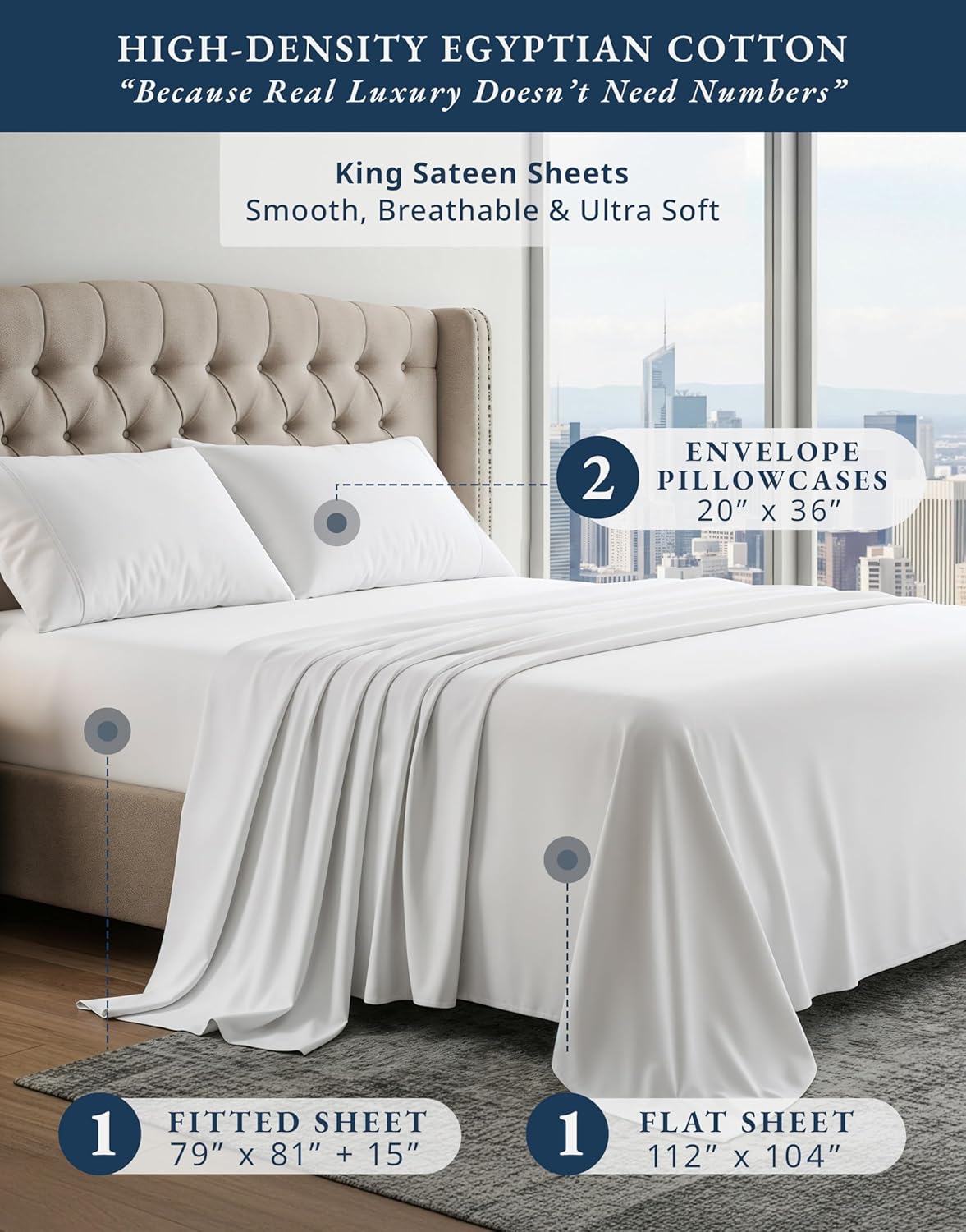 100% Egyptian Cotton Sheets King Size - Naturally Cooling & Breathable 4 Piece S...