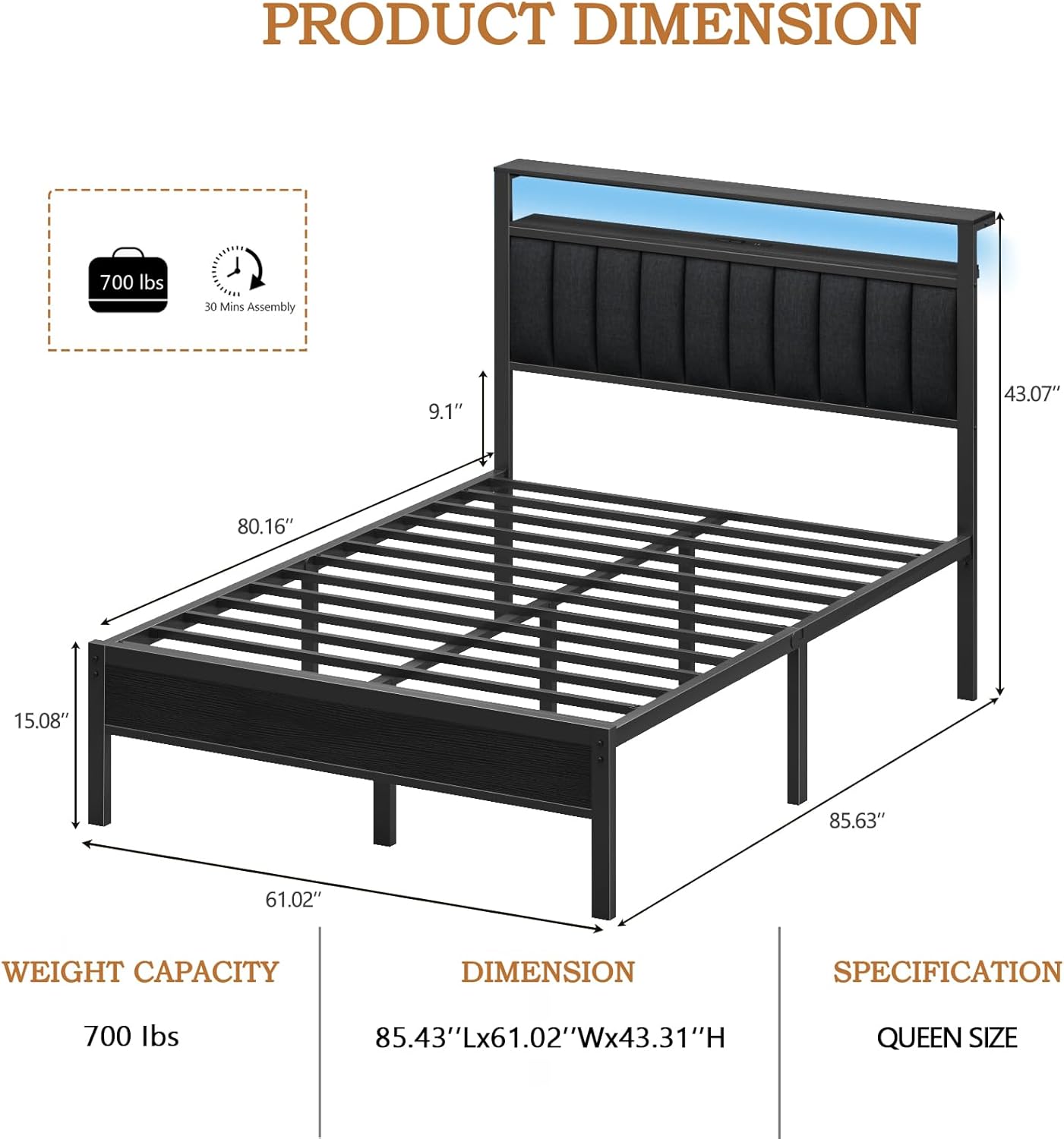 Furnulem Queen Size Bed Frame with Charging Station and LED Lights, Platform Bed...