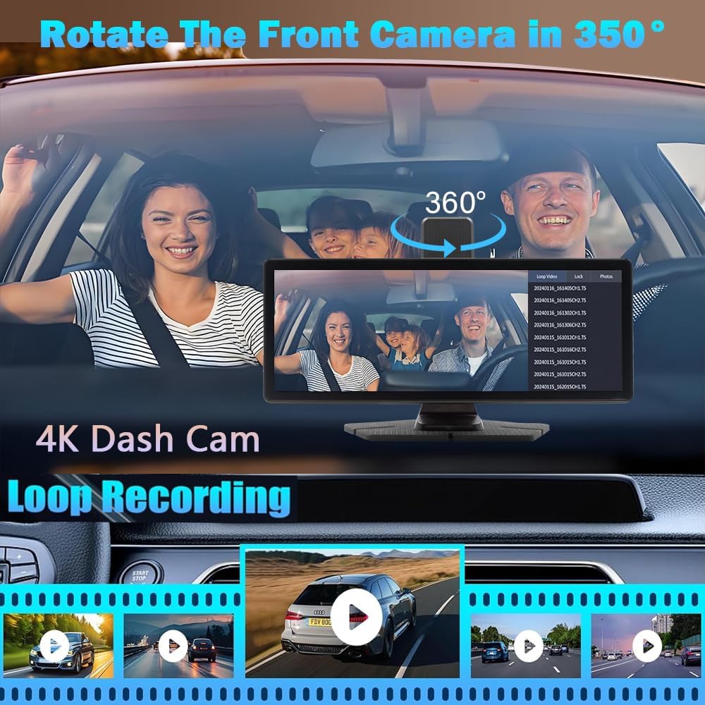 10.26" Wireless Carplay Screen 360 Rotation 4K Dash Cam Carplay & Android Auto C...