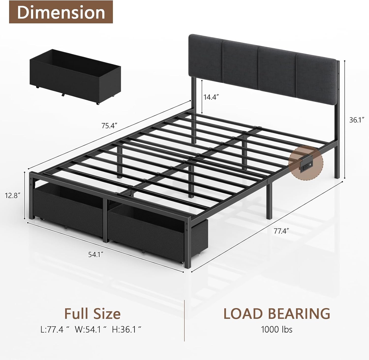 Innovative Furnulem Full Size Bed Frame, Unique Upholstered Bed Frame with LED L...