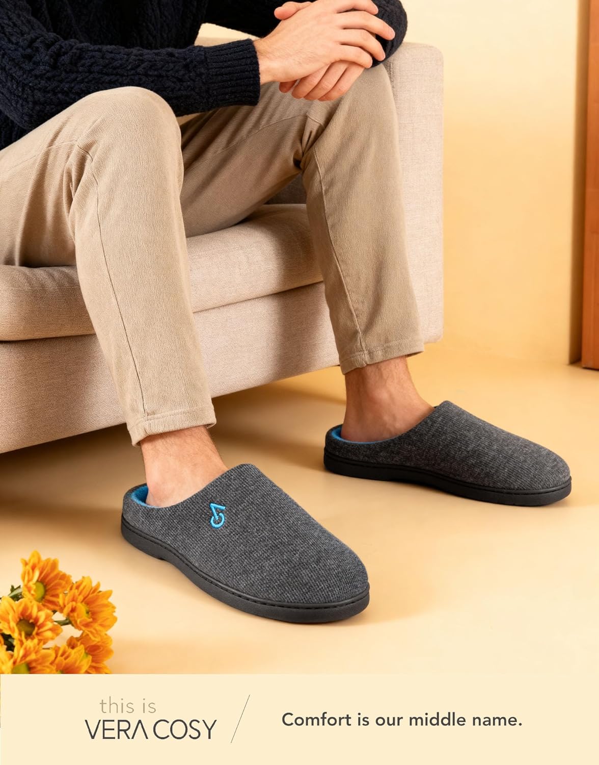 VeraCosy Men's Two-Tone Memory Foam Slippers 12/13 UK Dark Gray Blue
