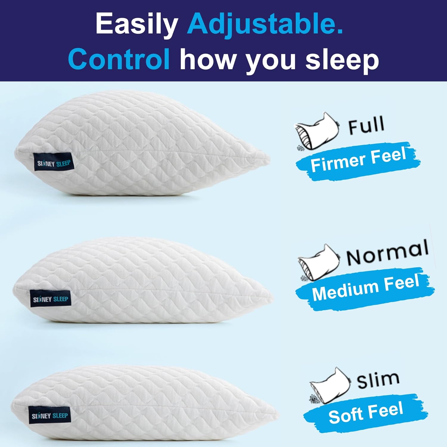 Sidney Sleep Adjustable Curved Contour Fill Pillow – Queen Size – for Side and B...