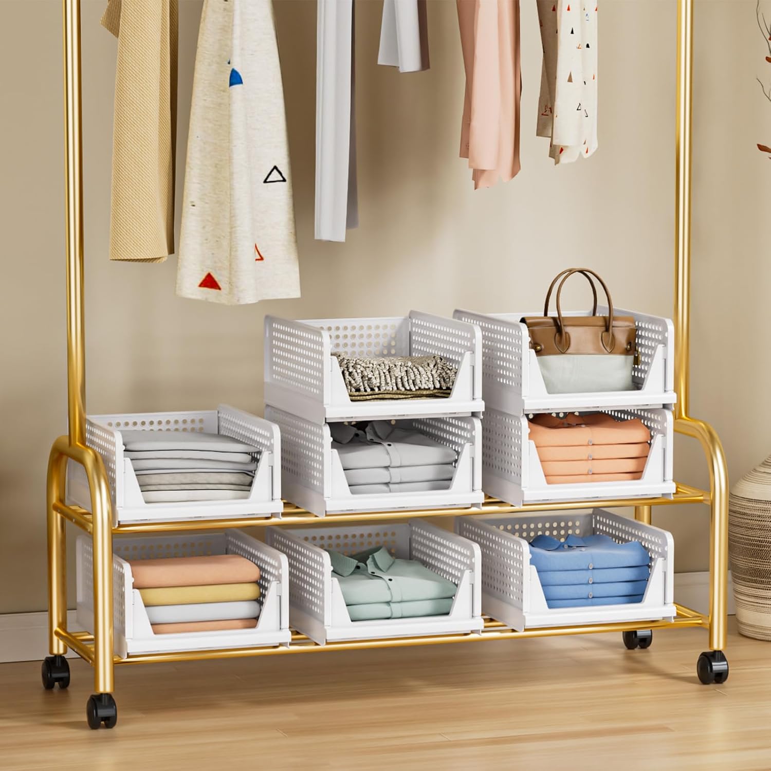 8 Pack Plastic Folding Closet Stackable Storage Basket Closet Storage White 8 PA...