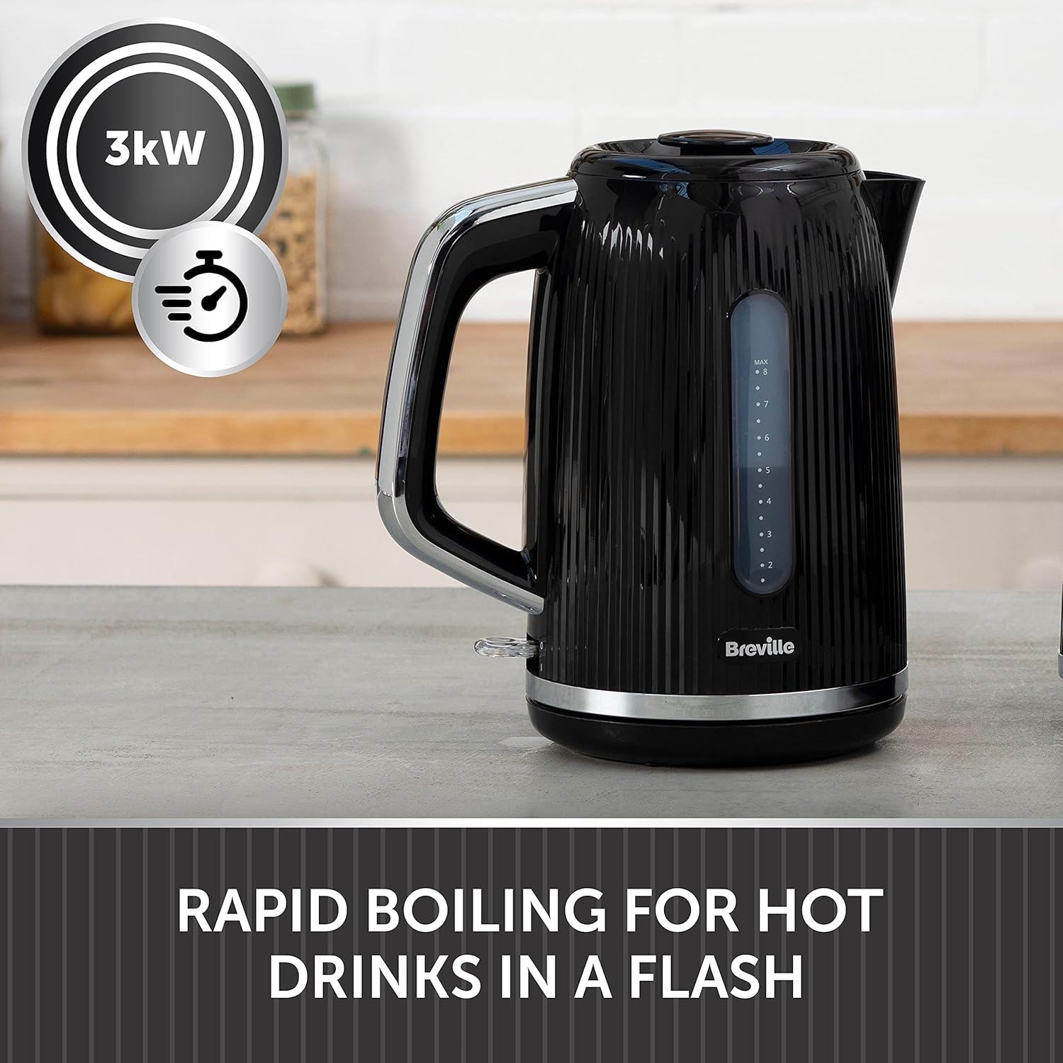 Breville Bold Black Electric Kettle | 1.7L | 3kW Fast Boil | Black & Silver Chro...