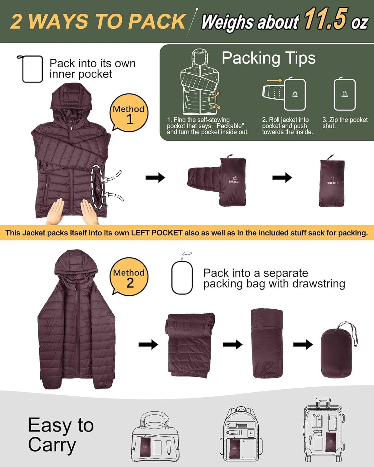 Outdoor Ventures Women's Puffer Jacket, Lightweight Quilted Winter Coat with Hoo...