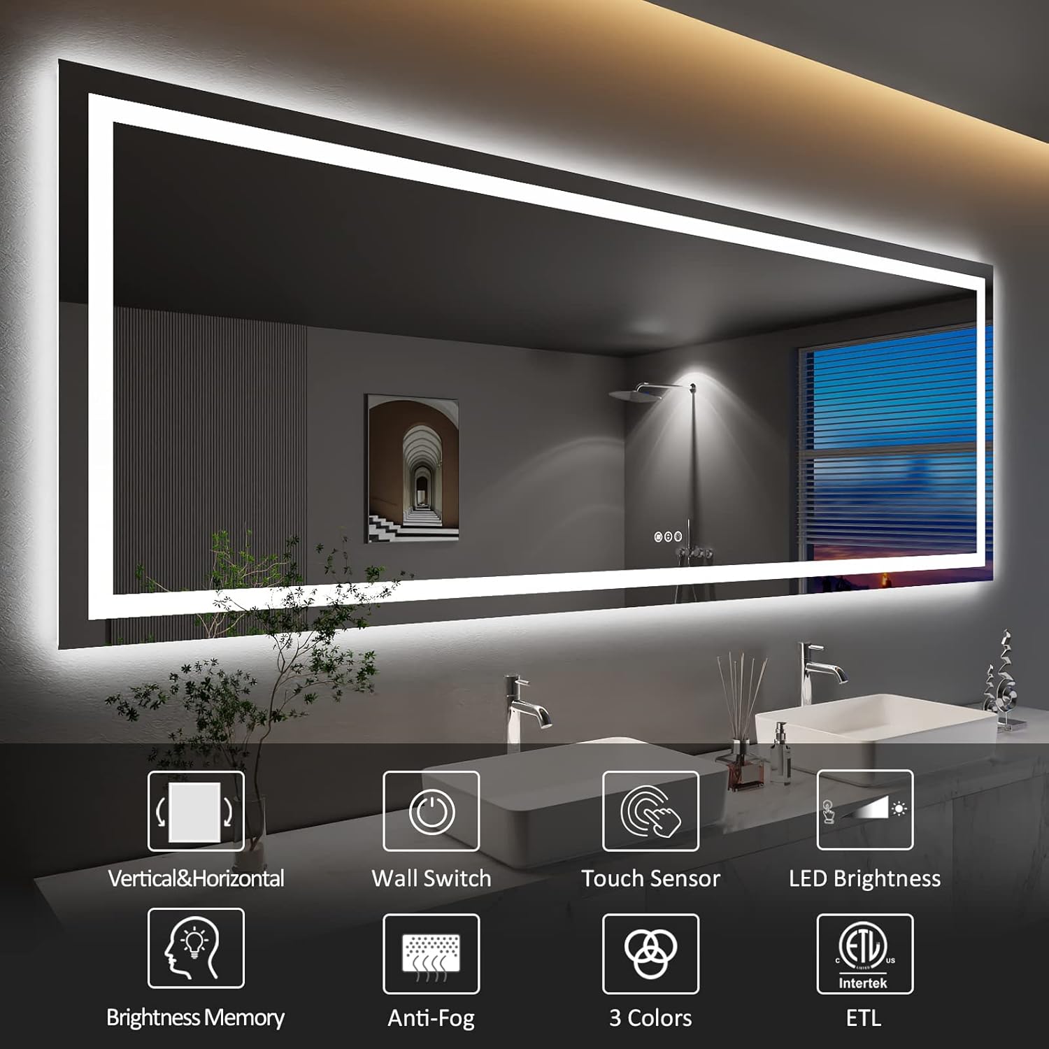 Amorho LED Bathroom Mirror, 96" X36" with Front and Backlight, Large Dimmable Wa...