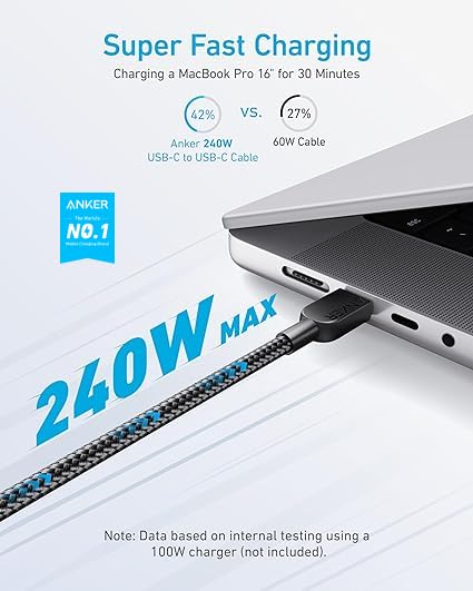 Anker 240W USB-C to USB-C Cable, 3 ft Double Braided Nylon Type-C Charging Cable...