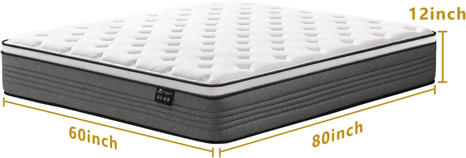Queen Mattress, 12 Inch Queen Size Mattresses, 12 Inch Hybrid Pocketed Coil Matt...