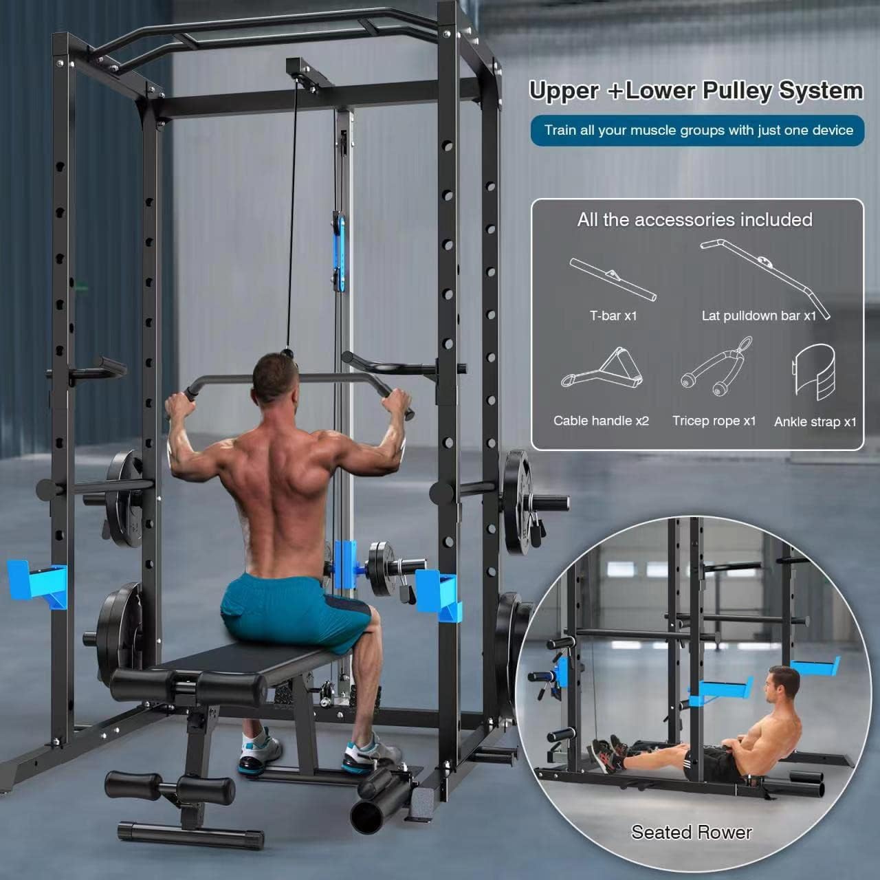 Power Cage, Multi-Functional Power Rack with J-Hooks, Dip Handles, Landmine Atta...