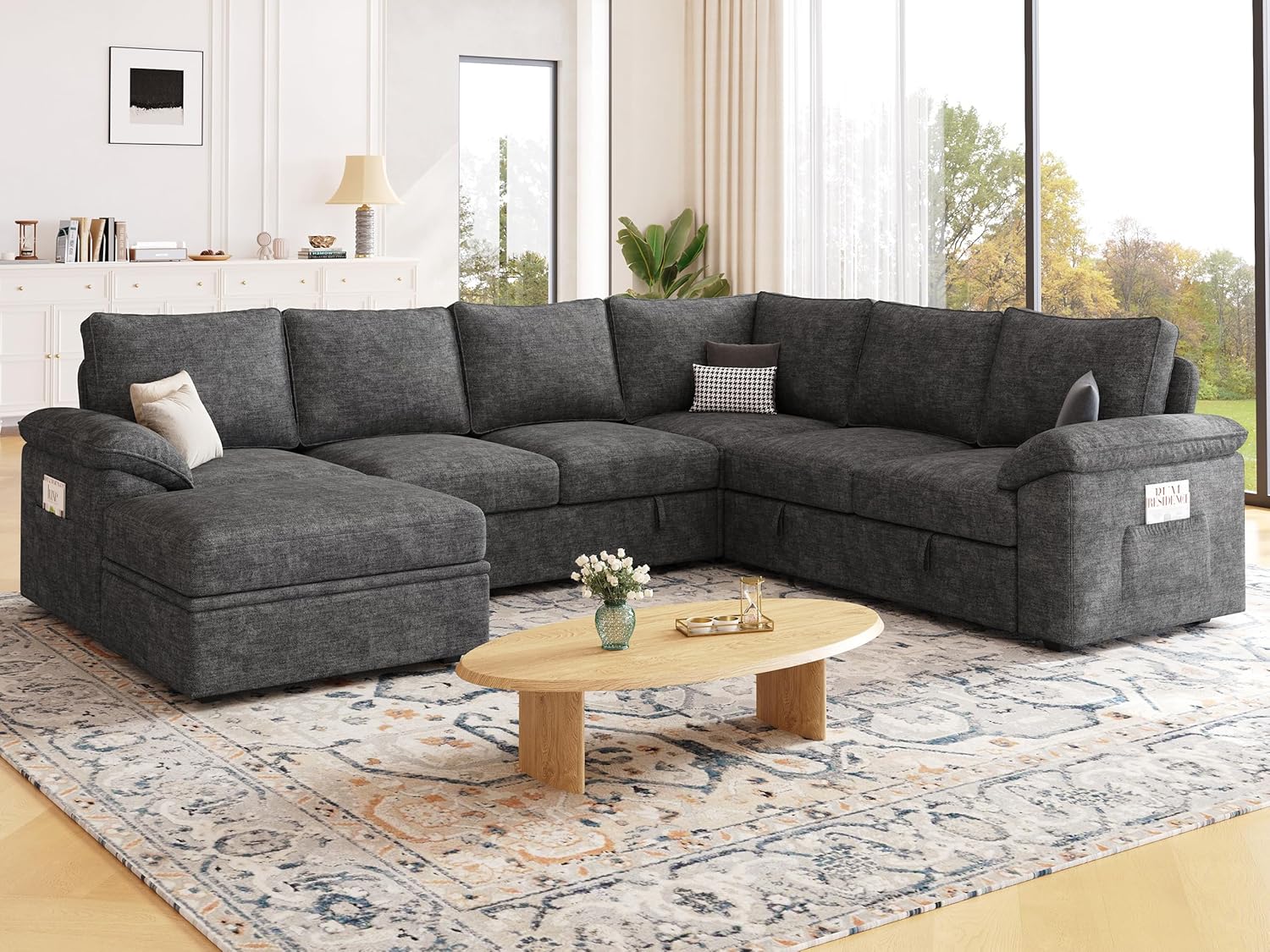 108 Inch Sectional Sleeper Sofa with Pull Out Bed, U Shaped 7 Seat Modular Secti...