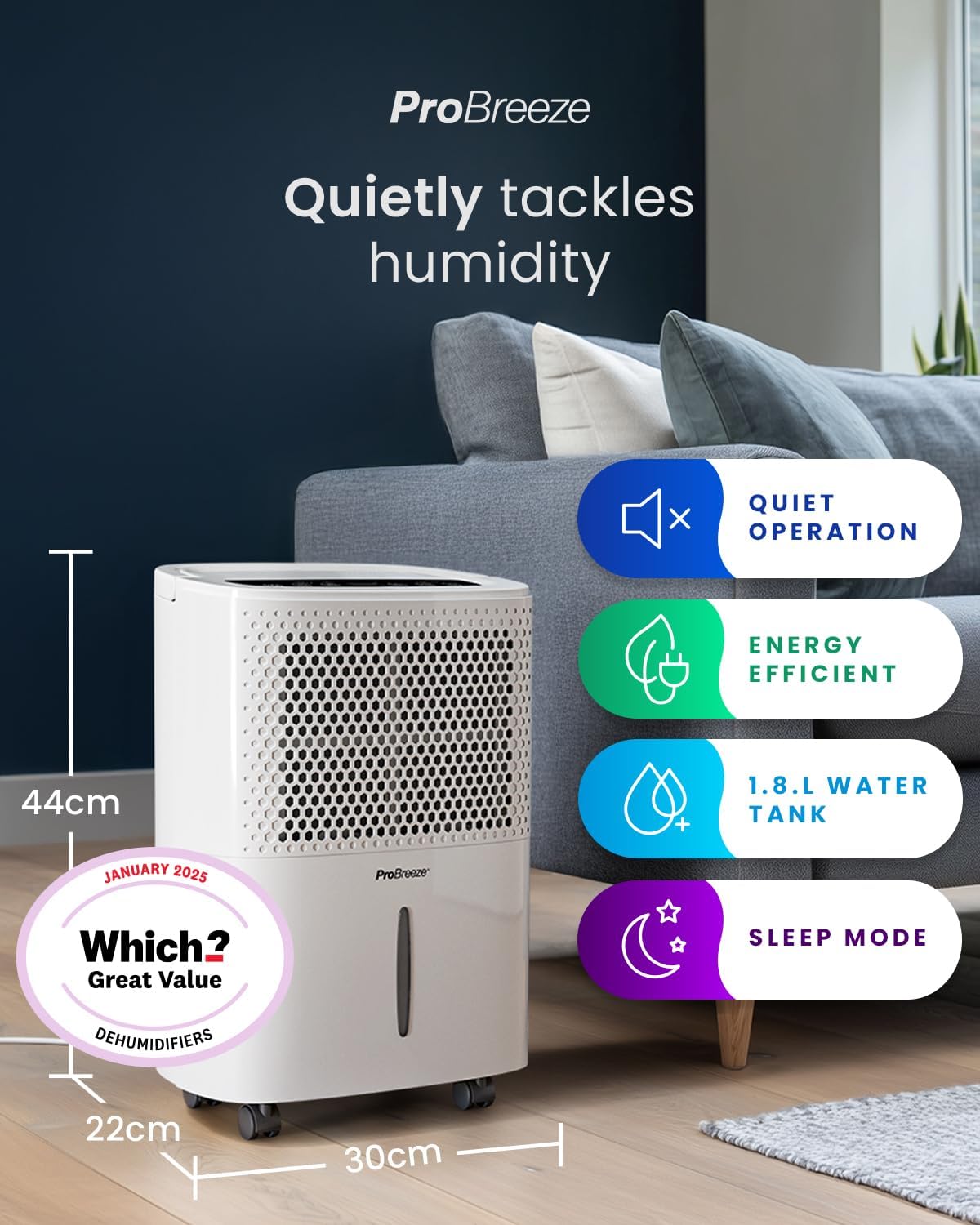 Pro Breeze® 12L/Day Dehumidifier with Automatic Humidity Sensor & Display, 24-ho...