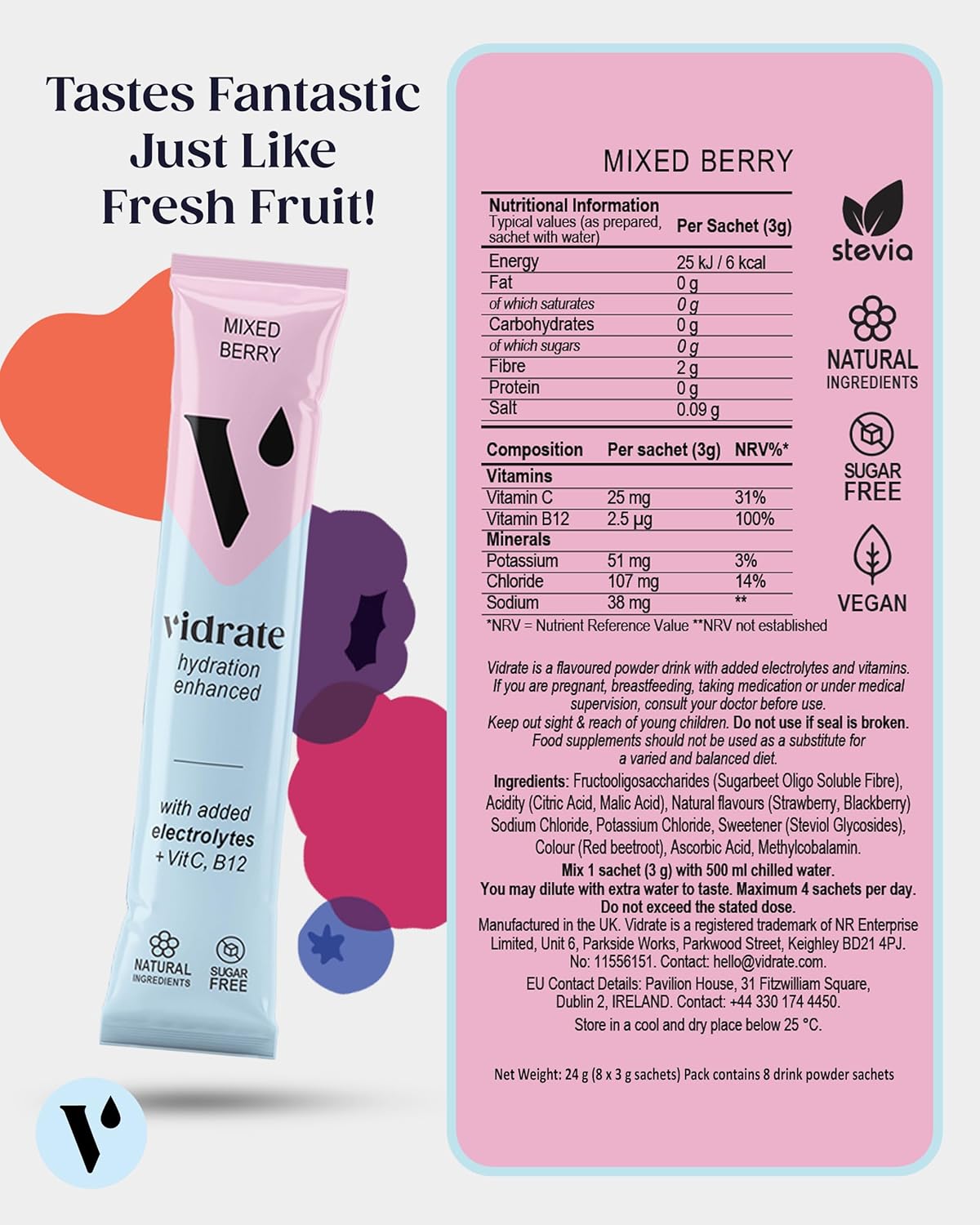 Vidrate Electrolytes Powder - Hydration Sachets Packed with Vitamins - Zero Suga...