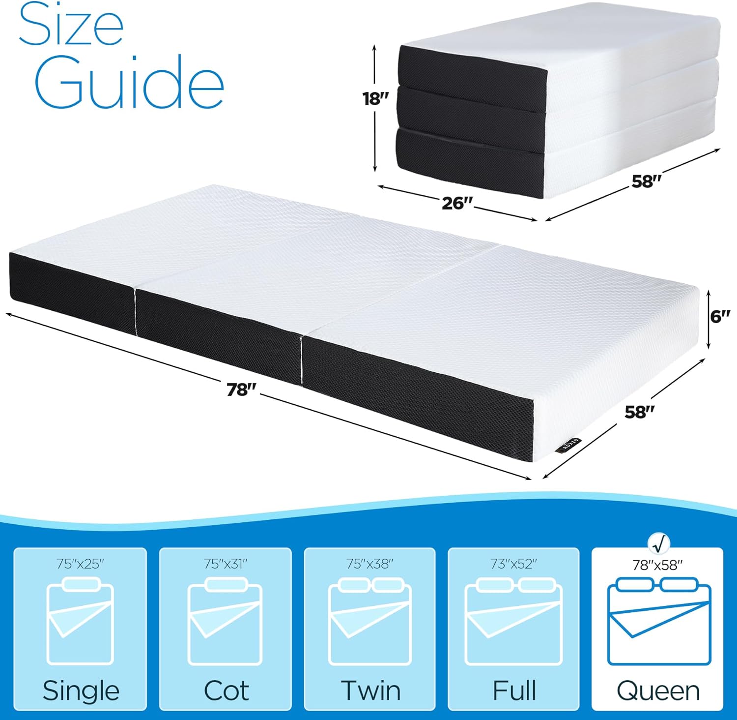 Folding Mattress Queen Size,6 inch Tri-fold Memory Foam Mattress Topper with Was...