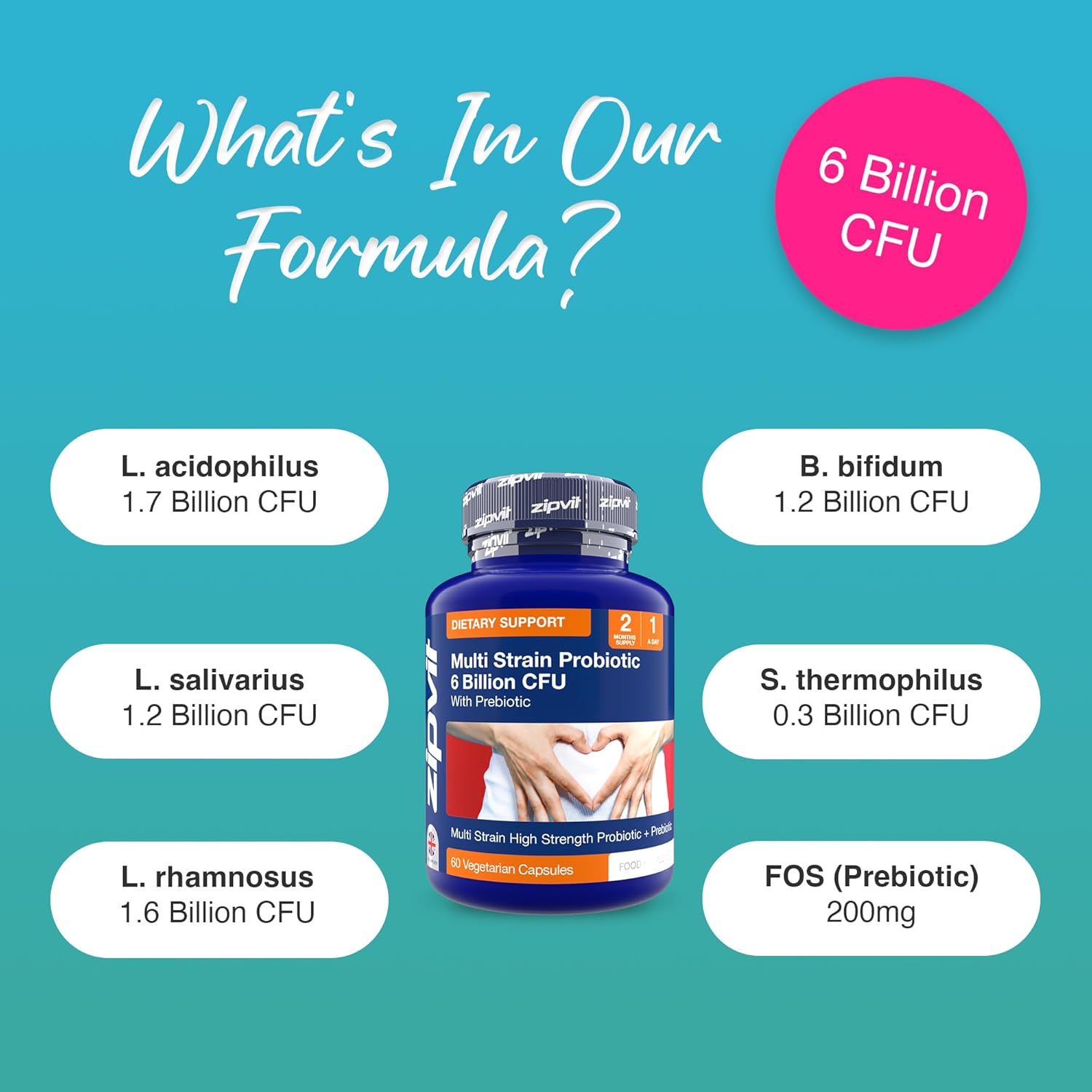 Zipvit Probiotics 6 Billion CFU with Prebiotic, Includes Lactobacillus & Bifidob...