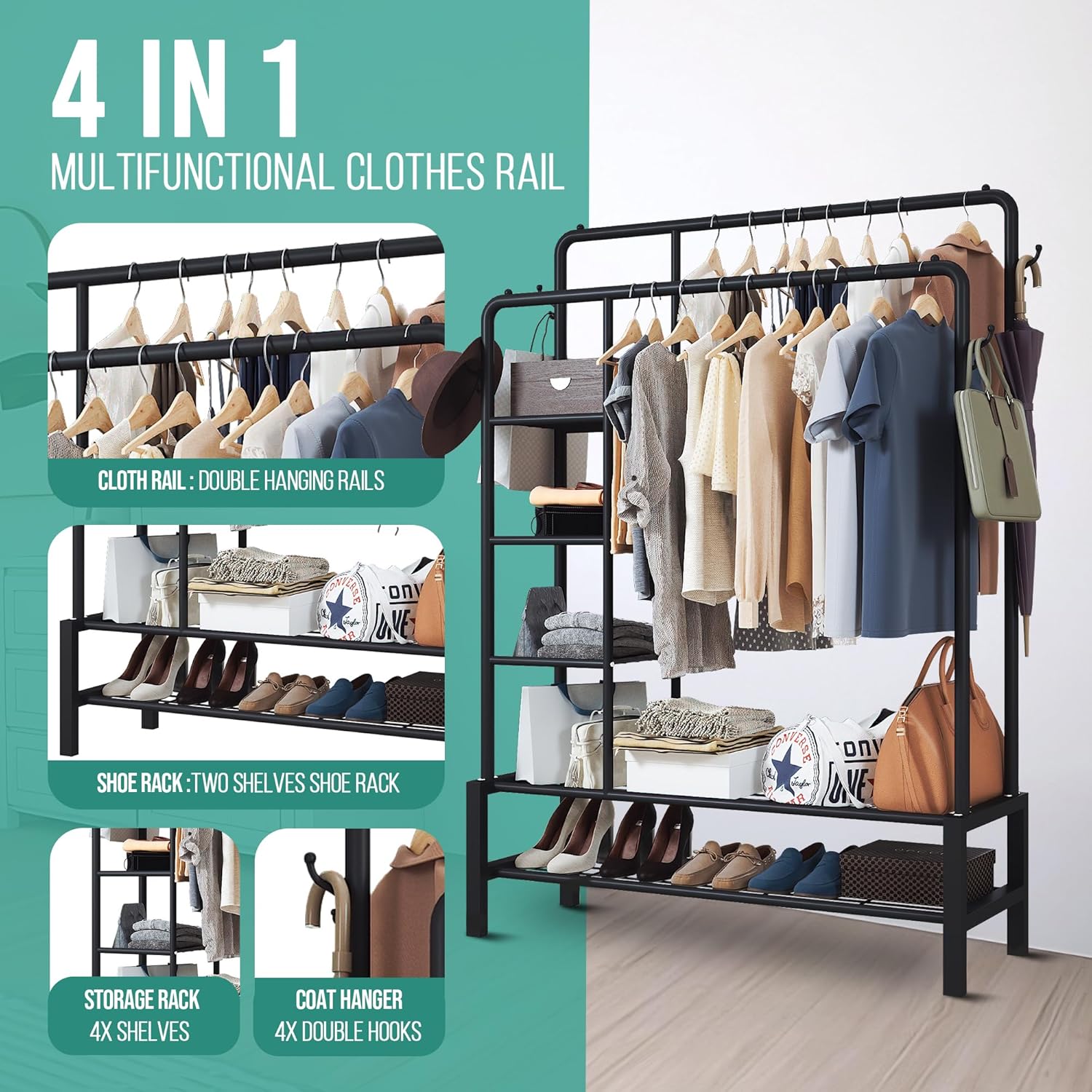 Heavy Duty Clothes Rail, 120KG Black Metal Rack With Double Hanging Clothing Rai...