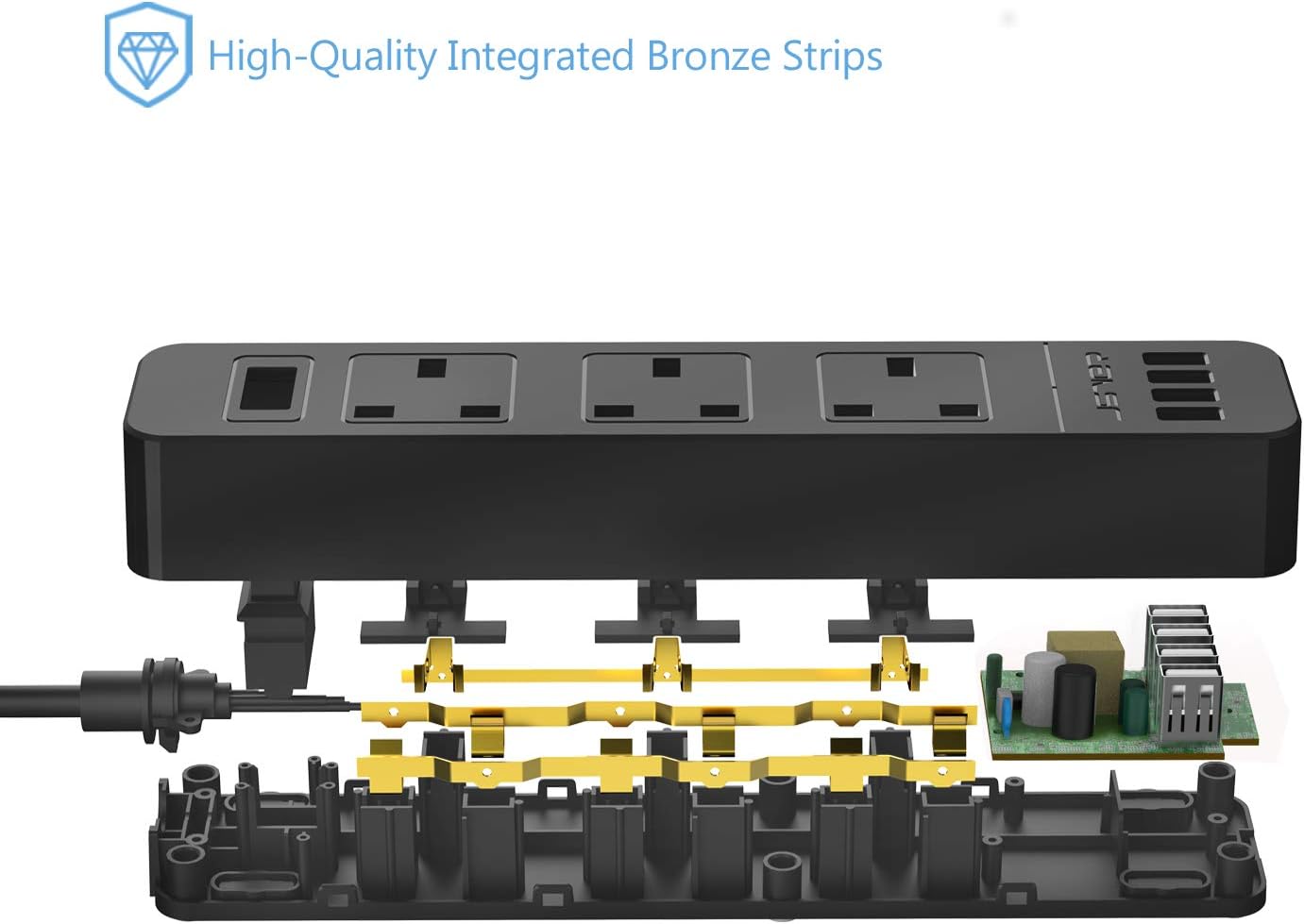 JSVER Extension Lead with 4 USB Ports Desktop Power Strip Smart Charging Station...