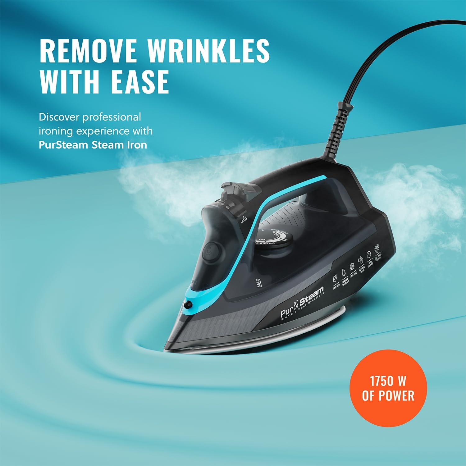 Pursteam SteamBurst+ 1750W Steam Iron, Ceramic Soleplate, Adjustable Steam, Burs...
