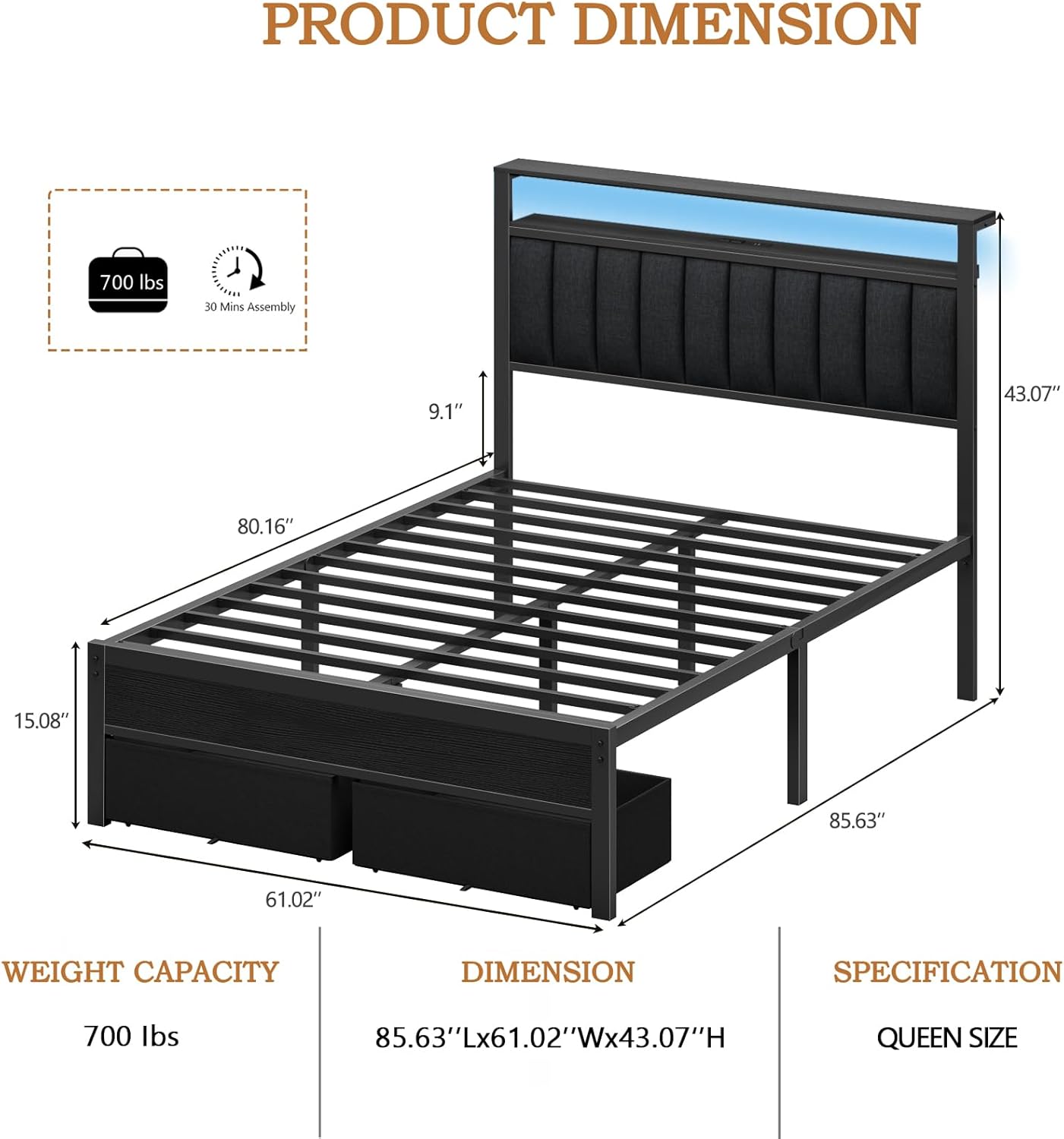 Furnulem Queen Bed Frame, Special Metal Platform Bed with Charging Station and L...