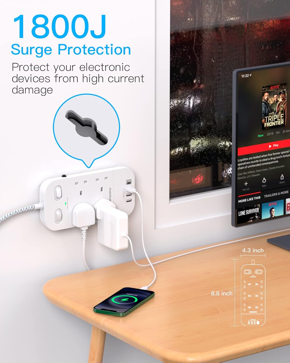 Extension Lead 5M, 4 Way Surge Protected Power Strip with USB C Slots, Extension...