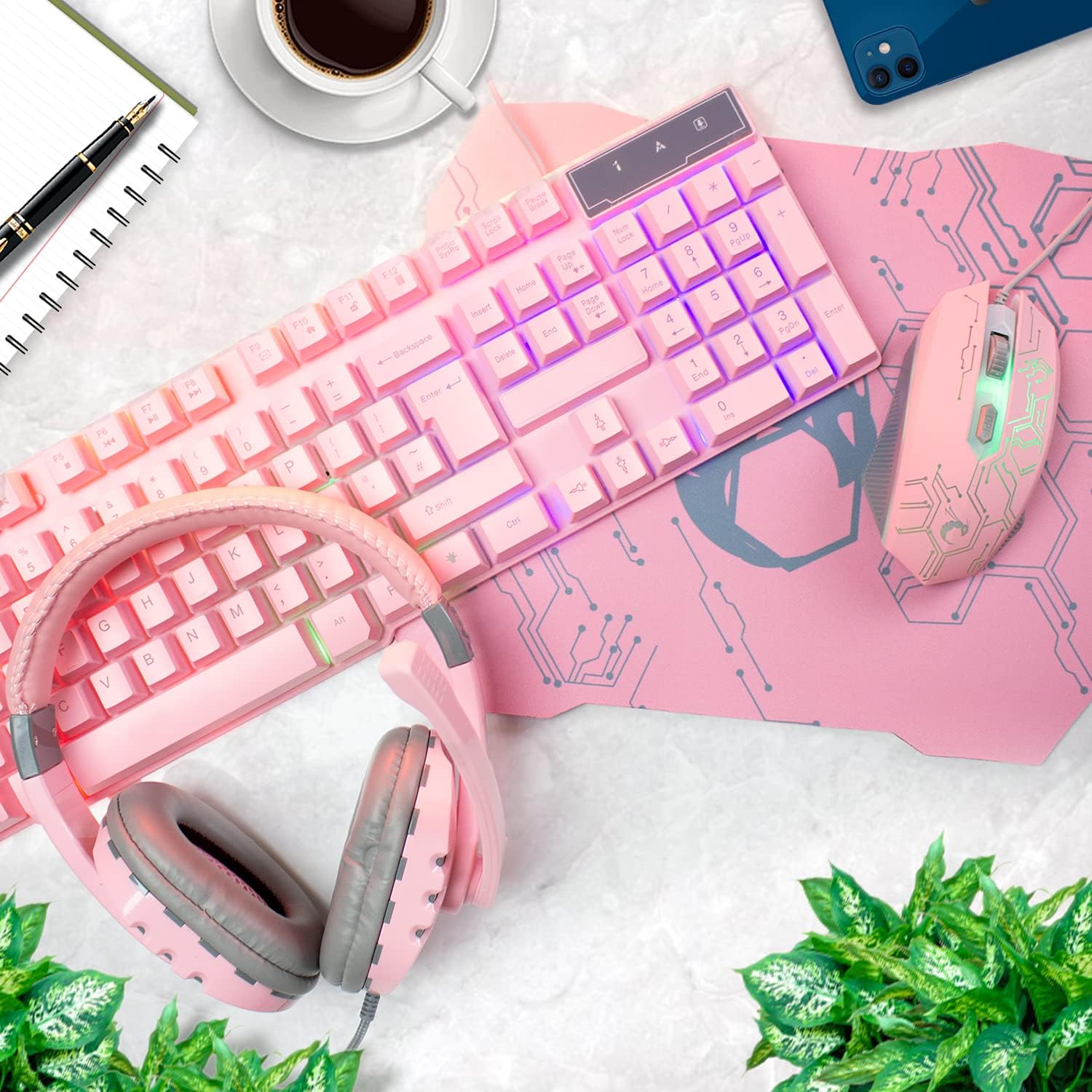 Pink Gaming Keyboard and Mouse Headset Headphones and Mouse pad Wired LED RGB Ba...