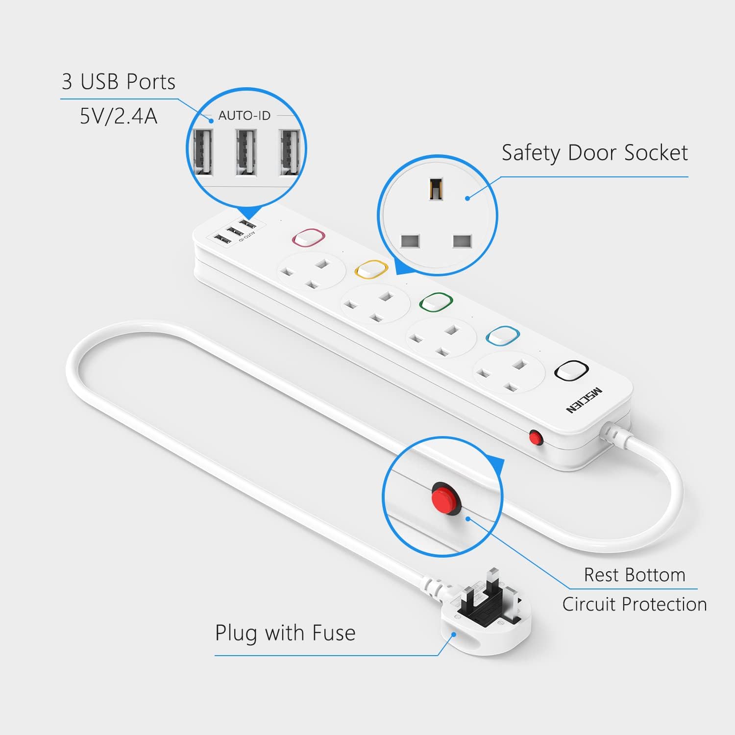 Mscien 5M Extension Lead with USB Slots, 4 Way 3 USB Extension Socket with Indiv...