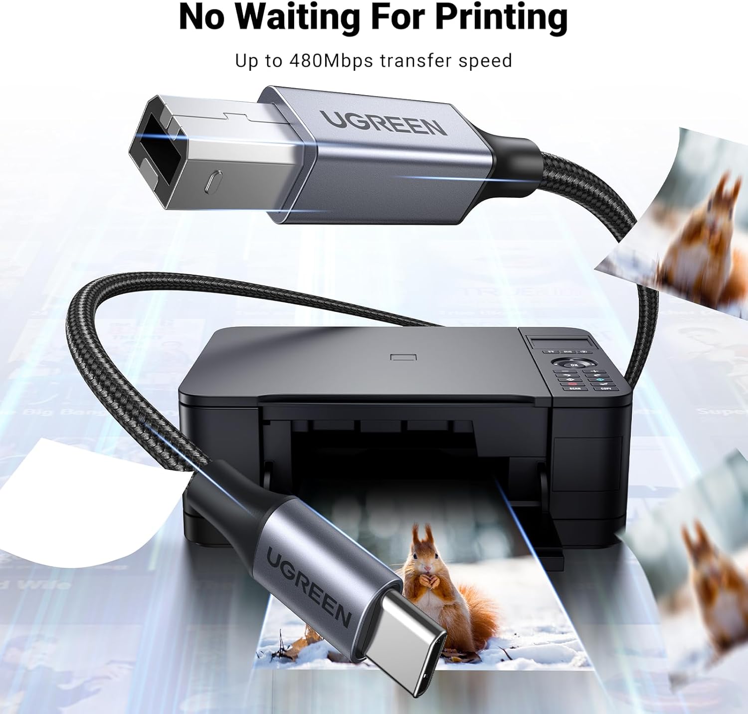 UGREEN USB B to USB C Printer Cable, Type B 2.0 Braided Data Lead for MacBook Pr...