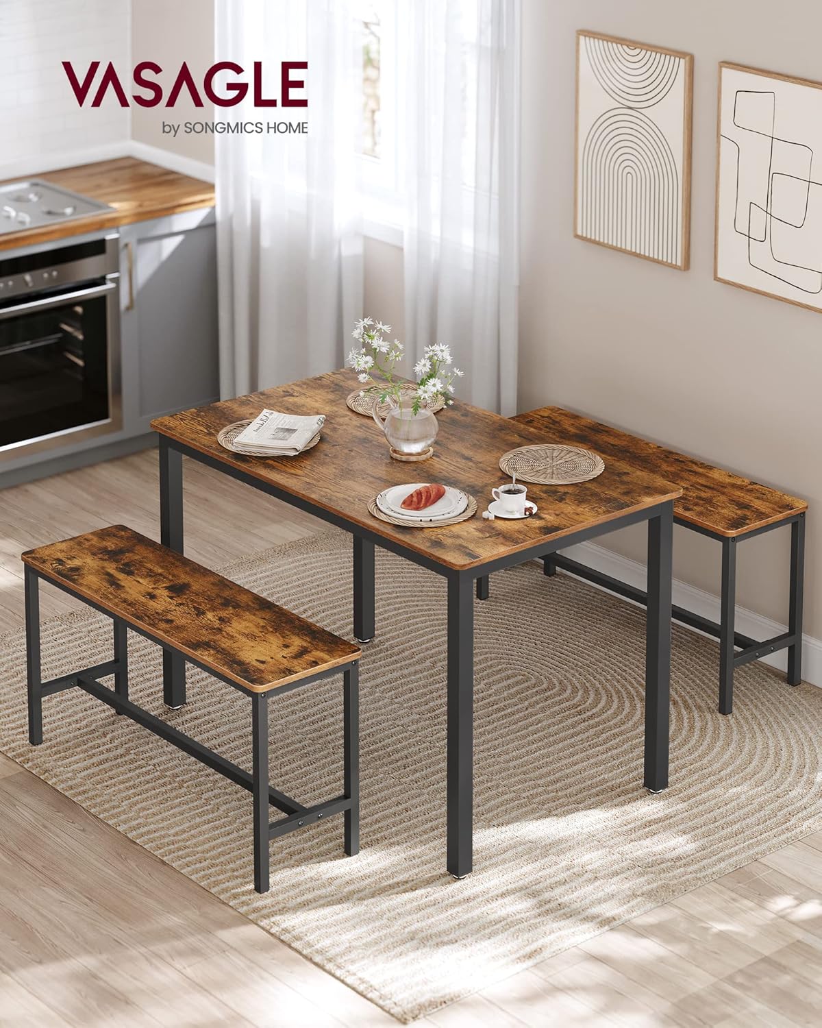 VASAGLE Dining Table with 2 Benches, 3 Piece Set, Kitchen Table of 70 x 110 x 75...