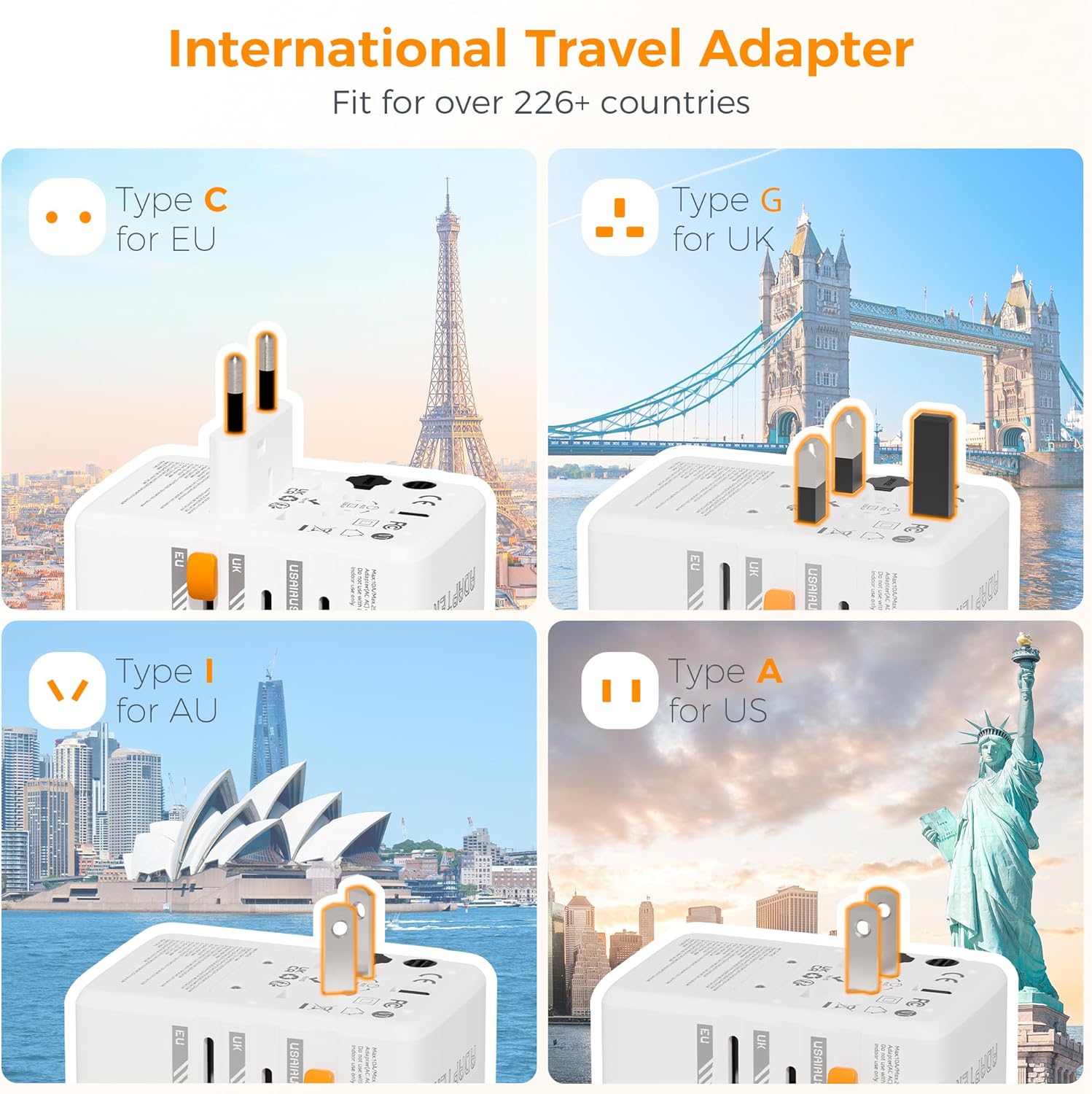TESSAN Universal Travel Adapter Worldwide 65W, International Plug Adaptor with 4...