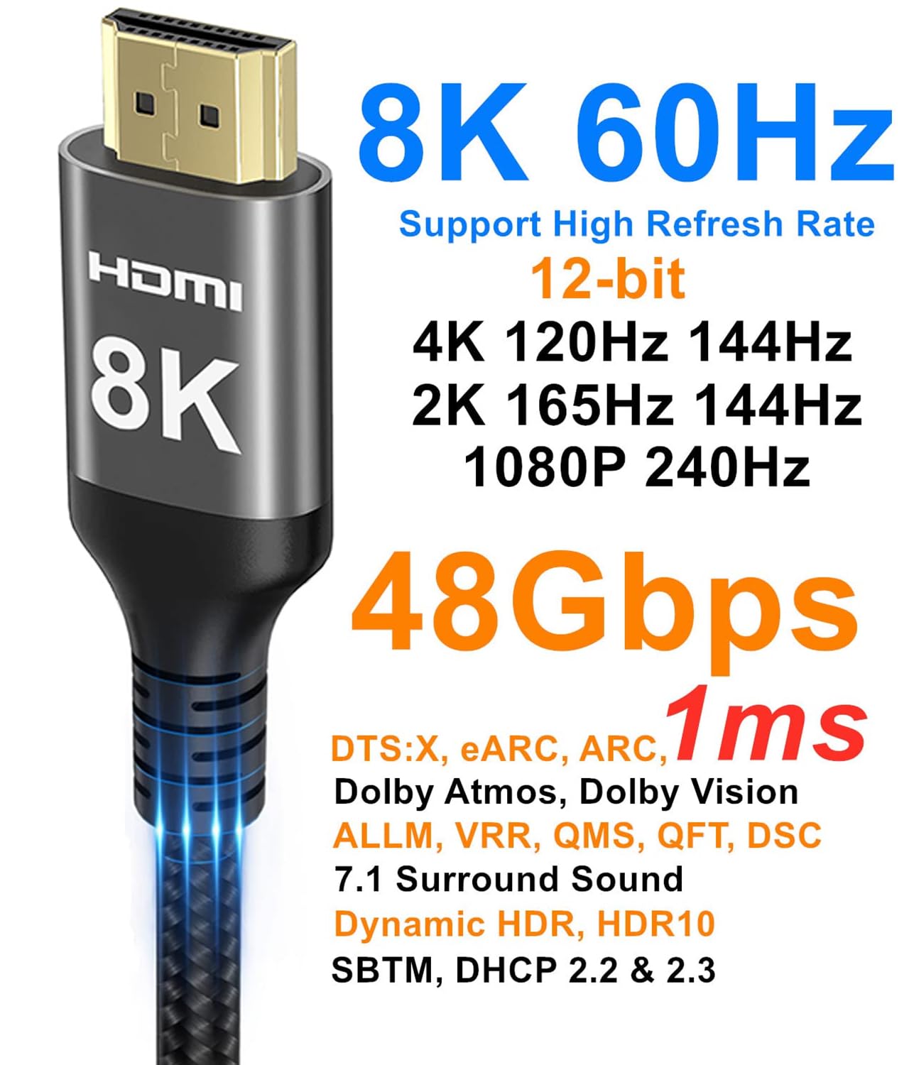 8k HDMI Cable 10m, Nylon Braided High Speed HDMI® Cable 4k 120Hz 2k 165Hz 8k 60H...