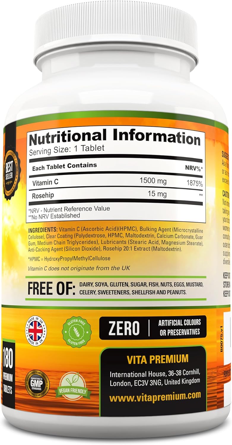 Vitamin C 1500mg per Tablet, High Strength 180 Veg...
