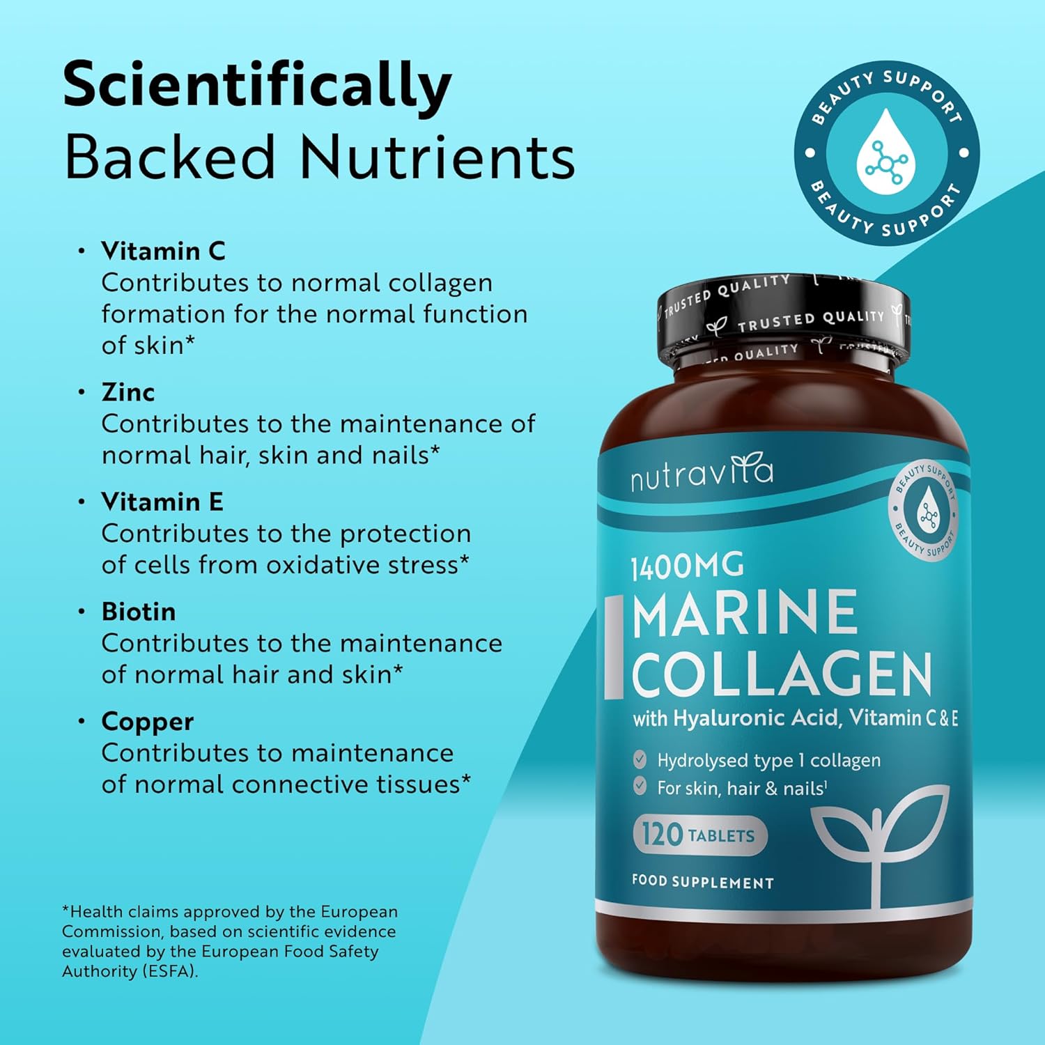 Nutravita Marine Collagen Tablets 1400mg Enhanced with Hyaluronic Acid - Hydroly...