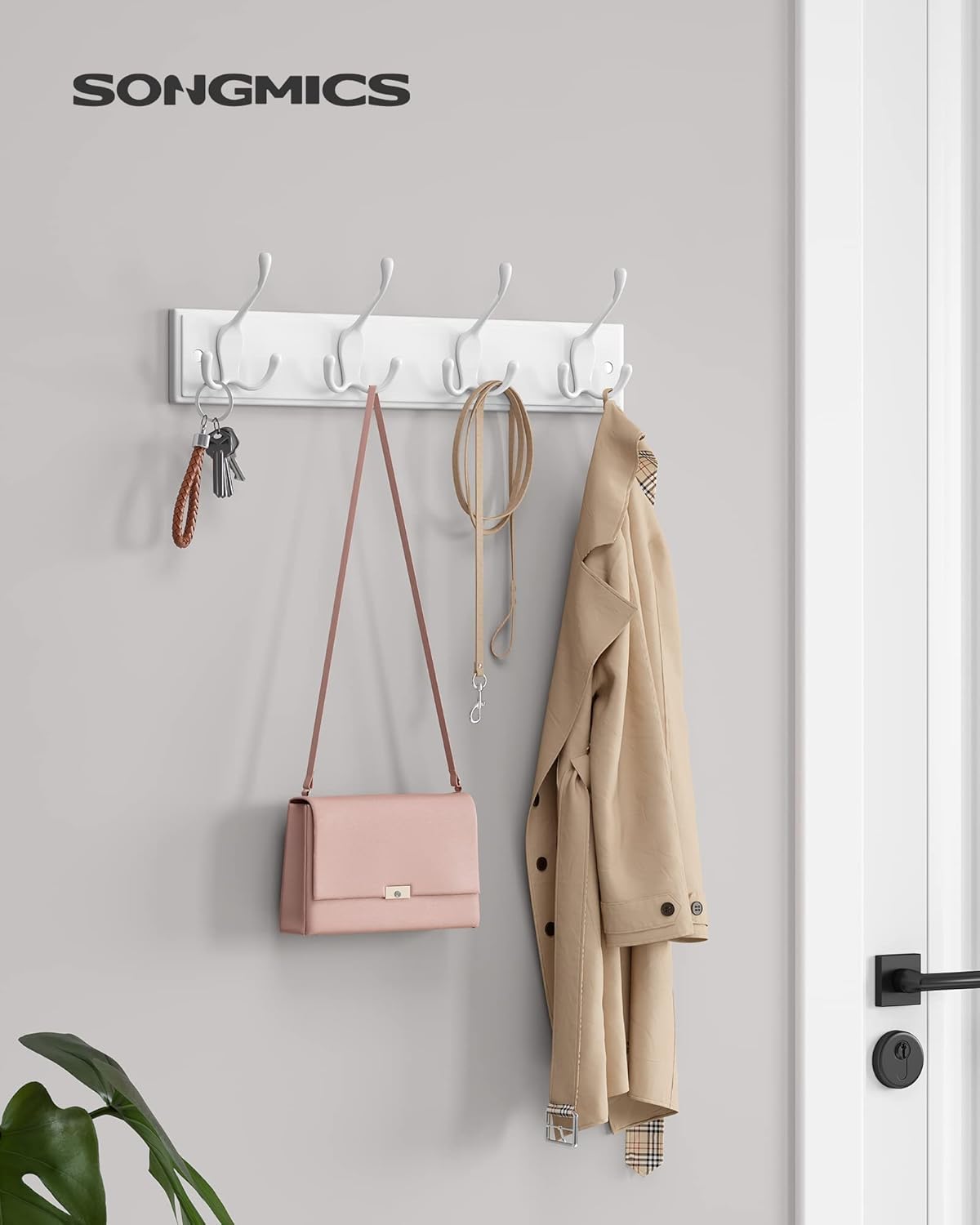 SONGMICS Coat Racks, Wall-Mounted Coat Rack, Coat Hook with 4 Tri-Hooks, Hook Ra...
