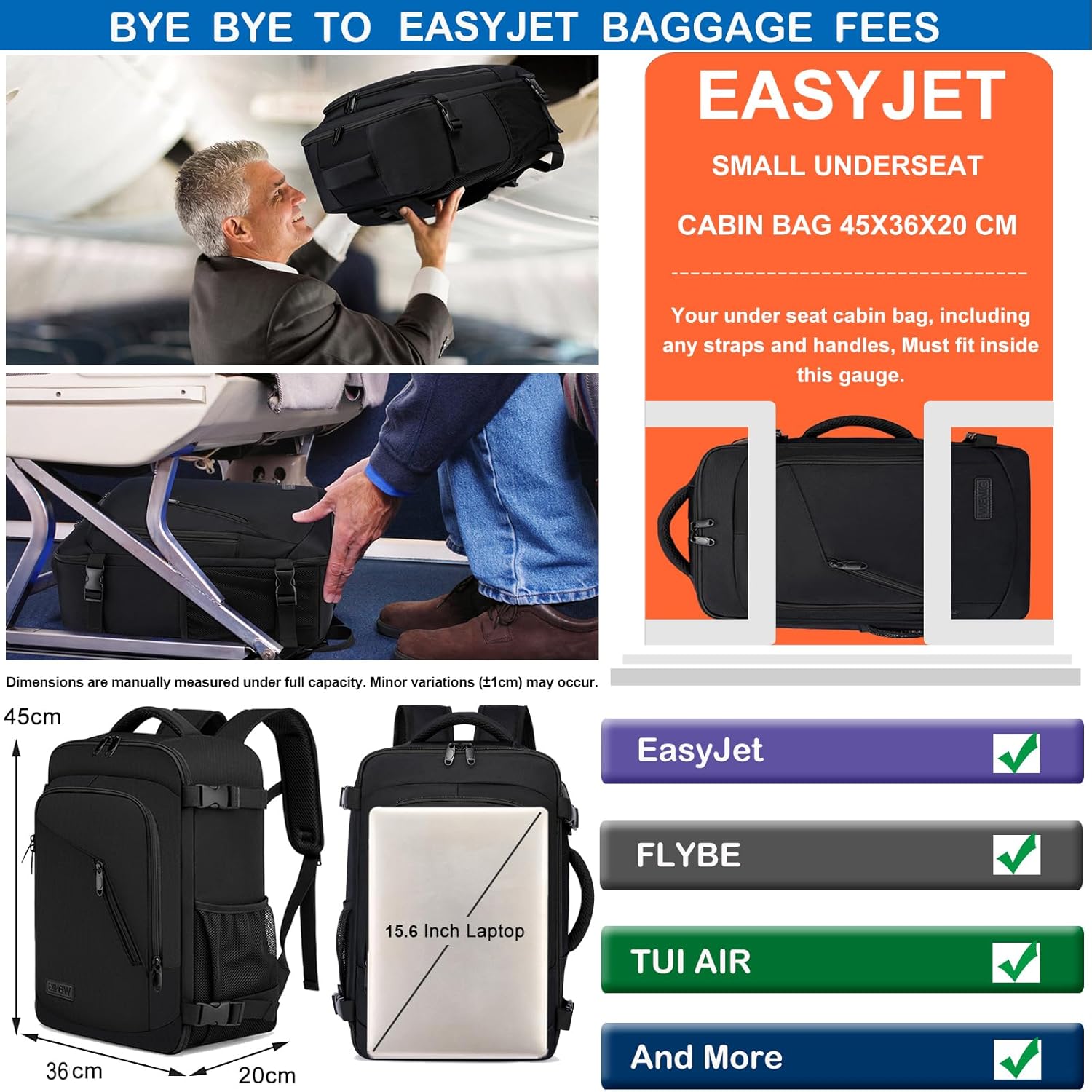 Cabin Bag 45x36x20 for Easyjet Underseat 30L Travel Hand Luggage Backpack Carry-...