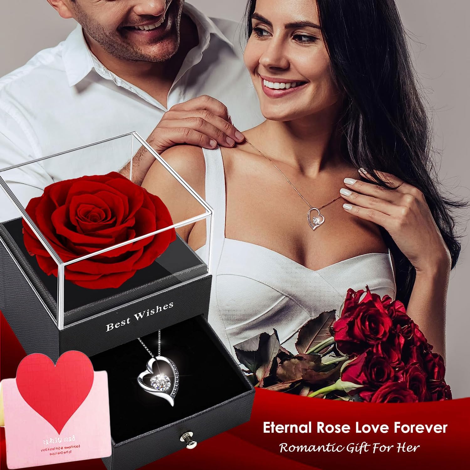 SWEETIME Forever Red Rose Gift Box with Necklace Real Eternal Rose with 925 Ster...