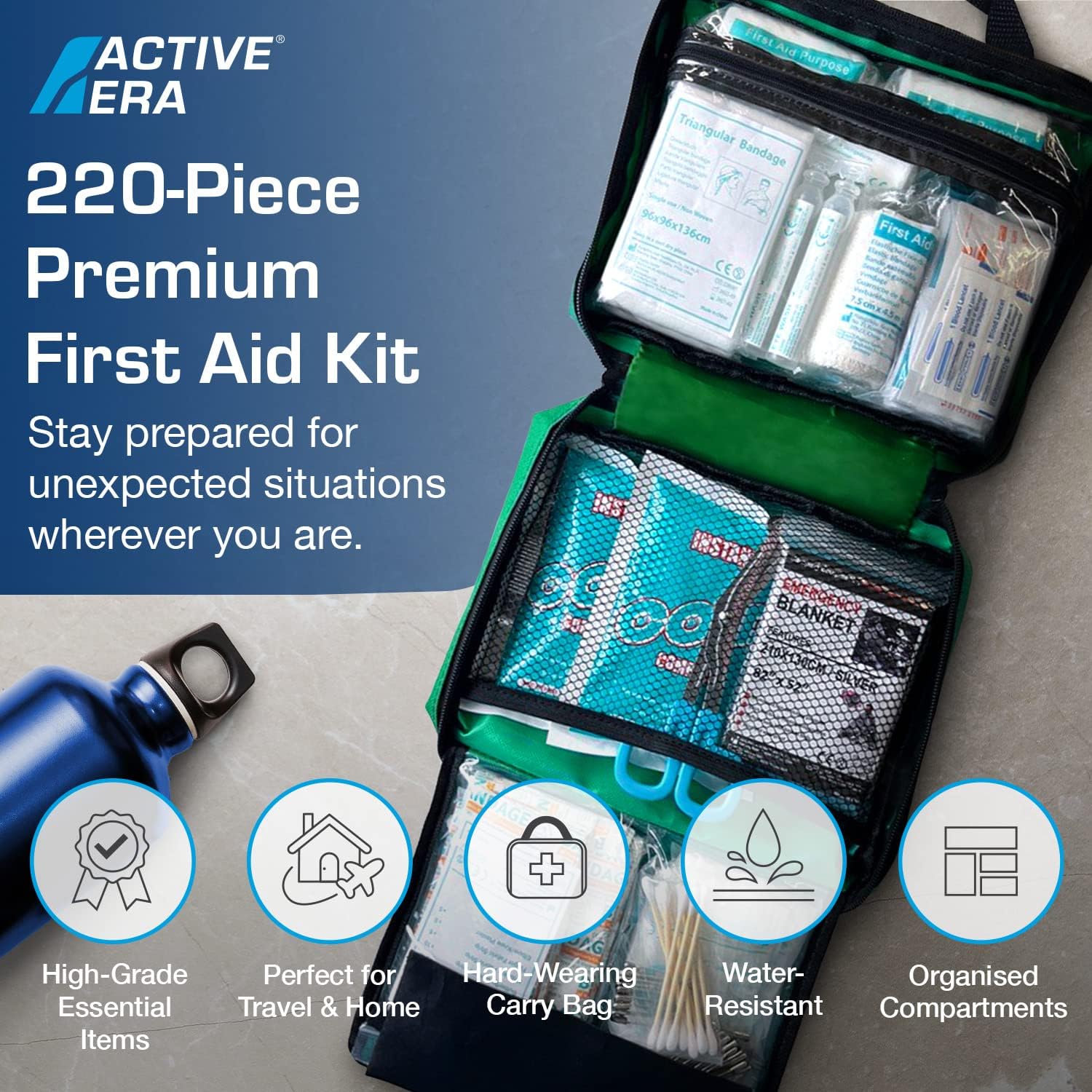 220 Piece Premium First Aid Kit Bag - Includes Eyewash, 2 x Cold (Ice) Packs and...