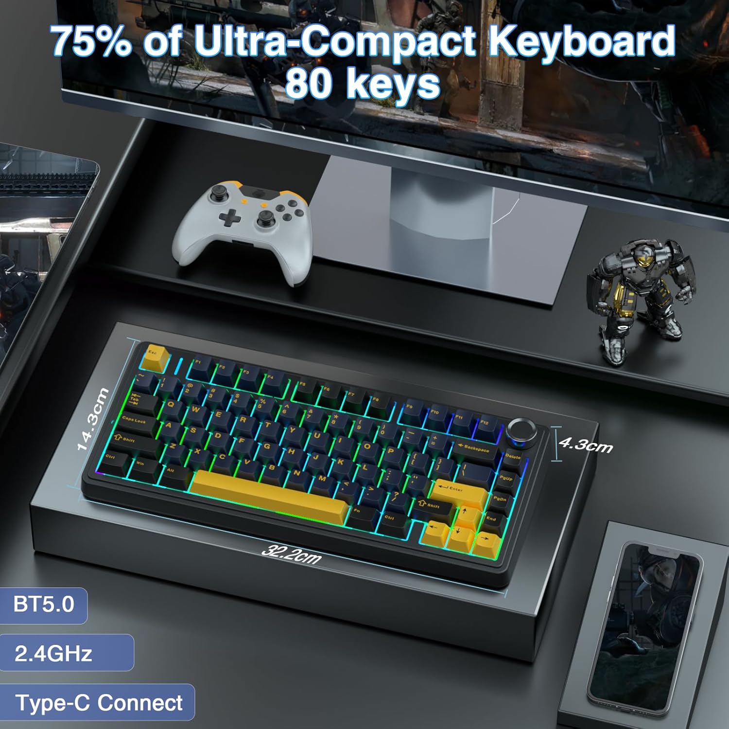 AULA F75 75% Wireless Mechanical Keyboard,2.4Ghz/Type-C/BT5.0 Gaming Keyboards,A...