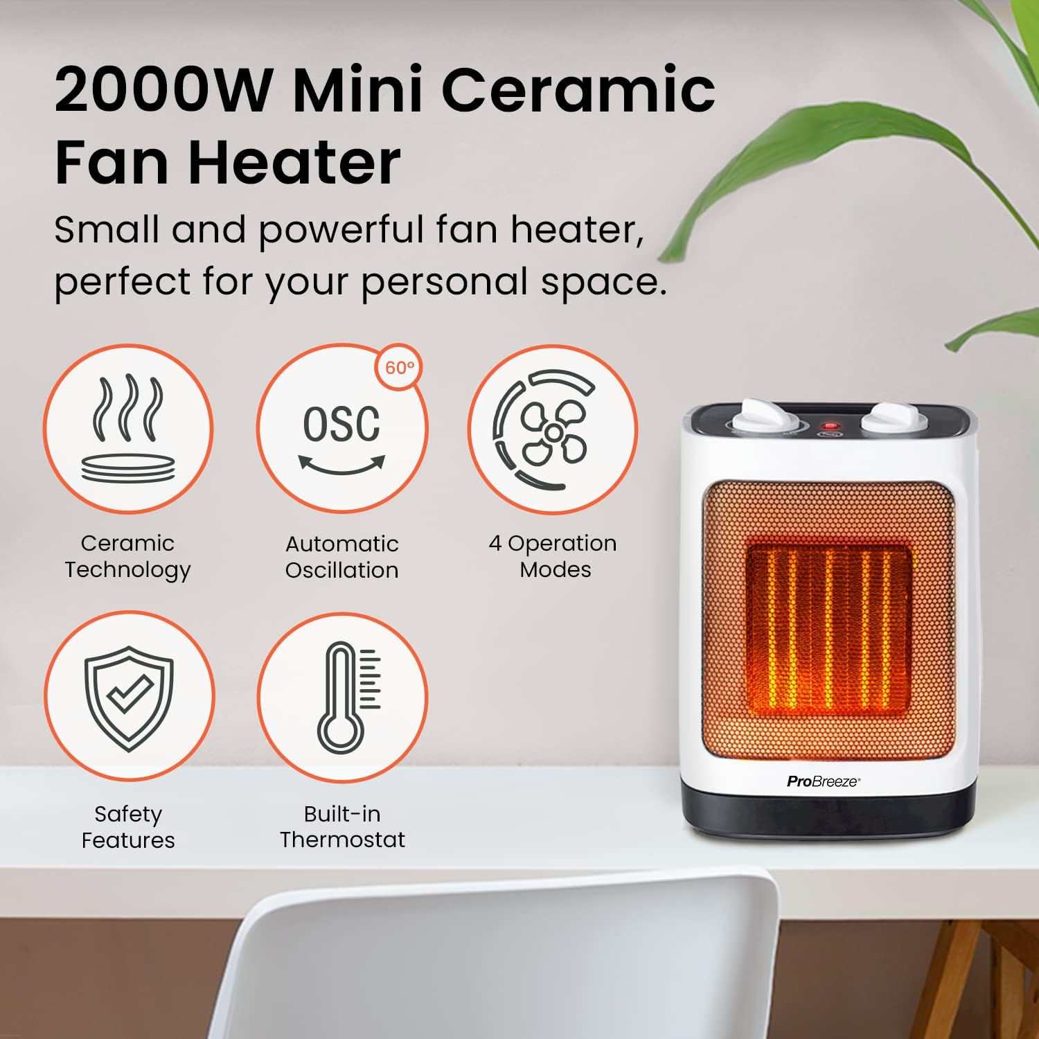 Pro Breeze 2000W Mini Ceramic Fan Heater - 2 Heat Settings & Oscillation Mode wi...